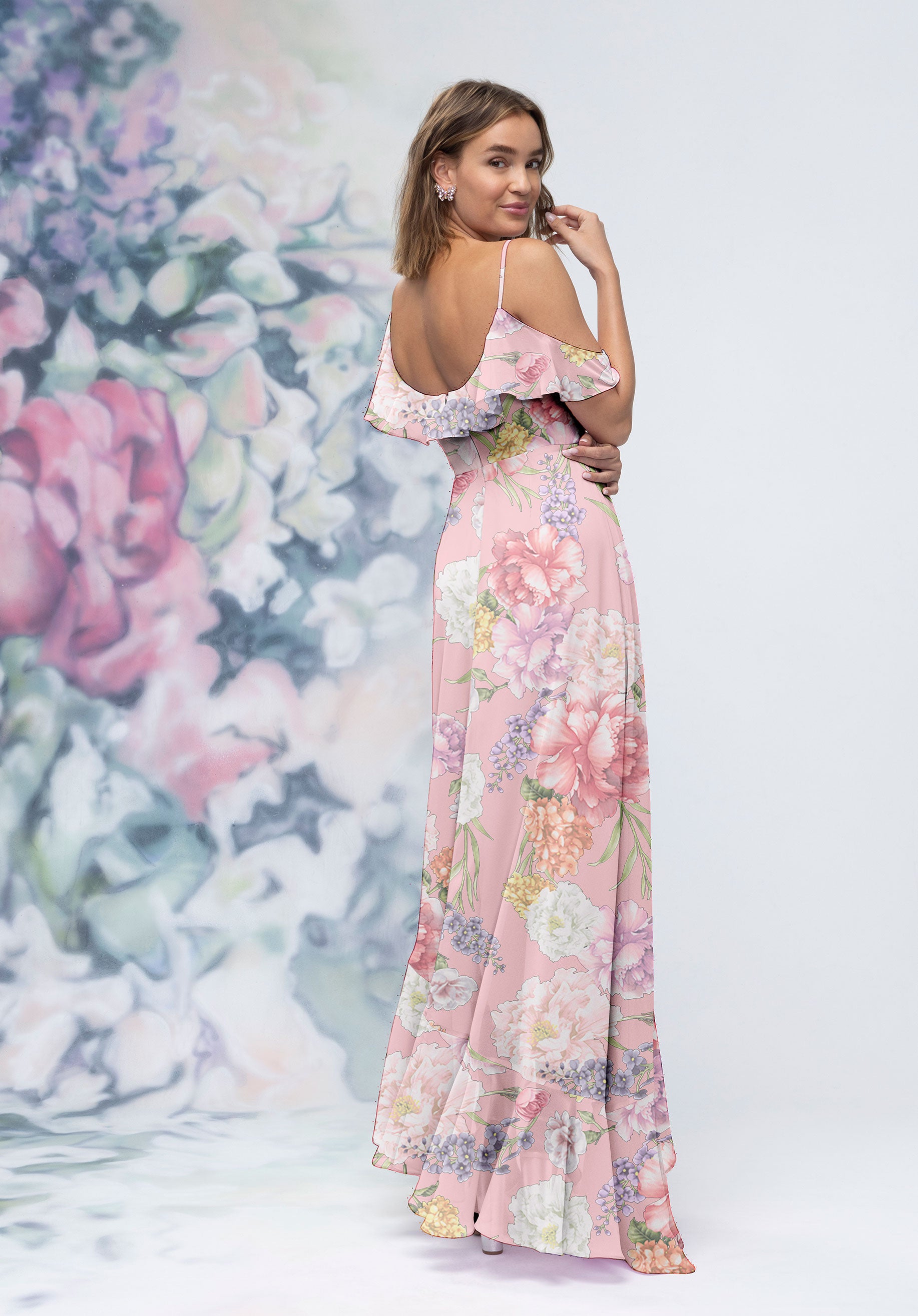 Asymmetric Ruffle Floral Printed Chiffon Bridesmaid Dress