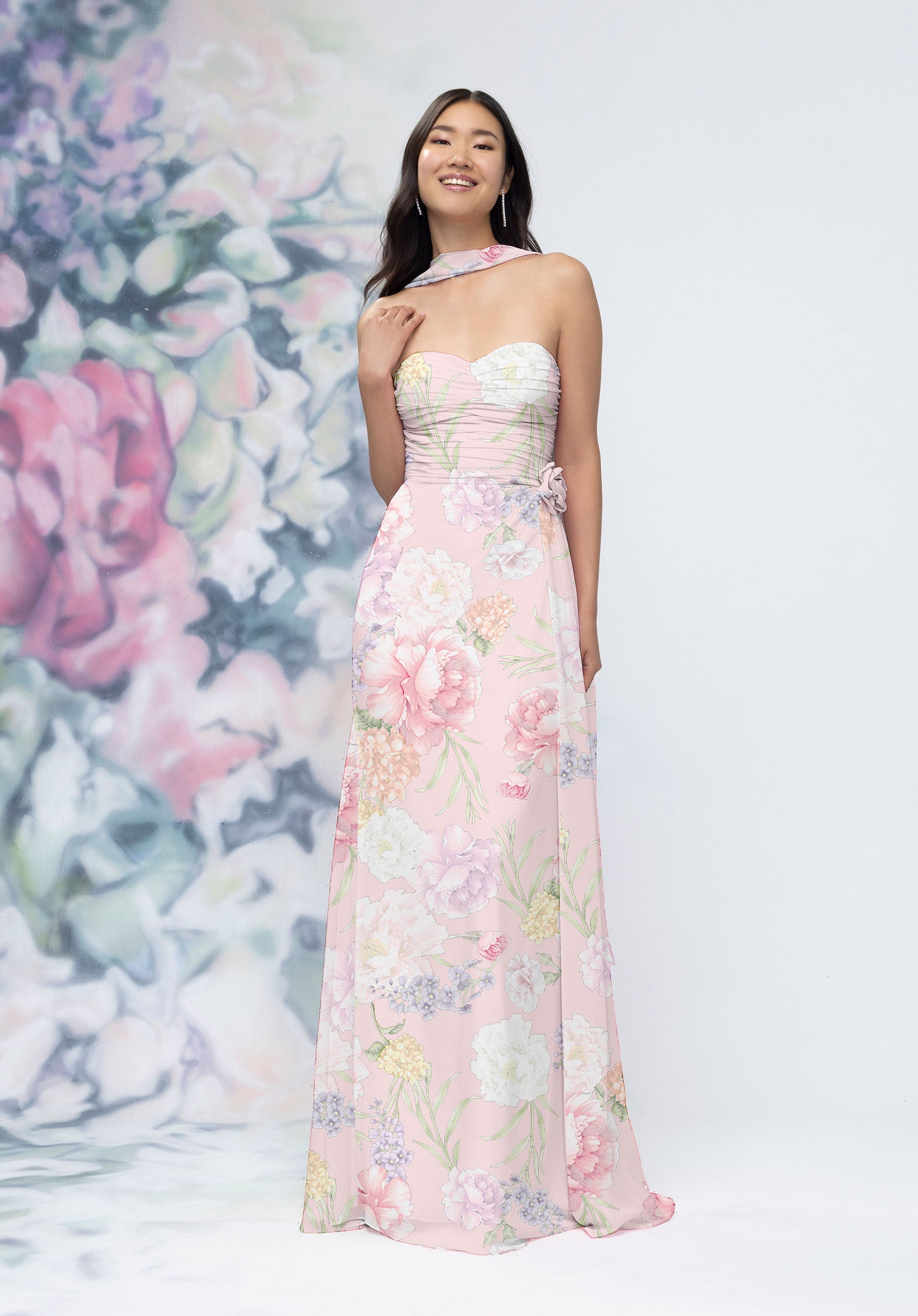 Draped Sweetheart Floral Printed Bridesmaid Dress with Detachable Rosette and Scarf
