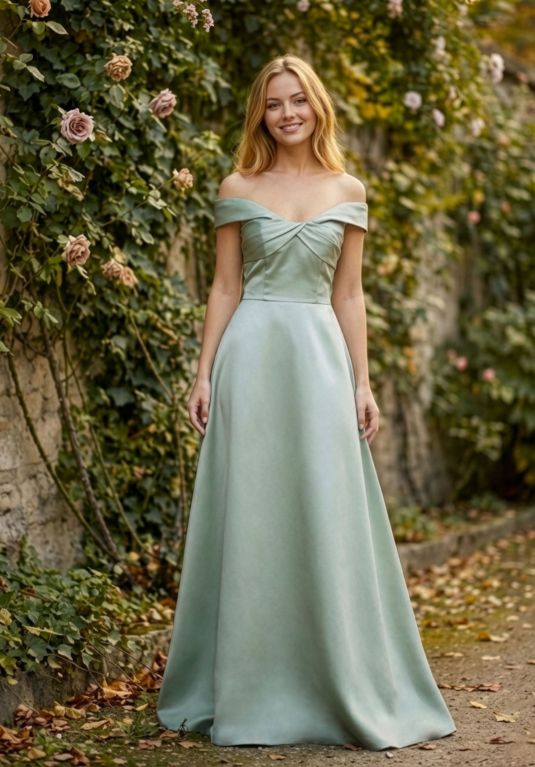 Twist Neck Off The Shoulder Satin Bridesmaid Dress
