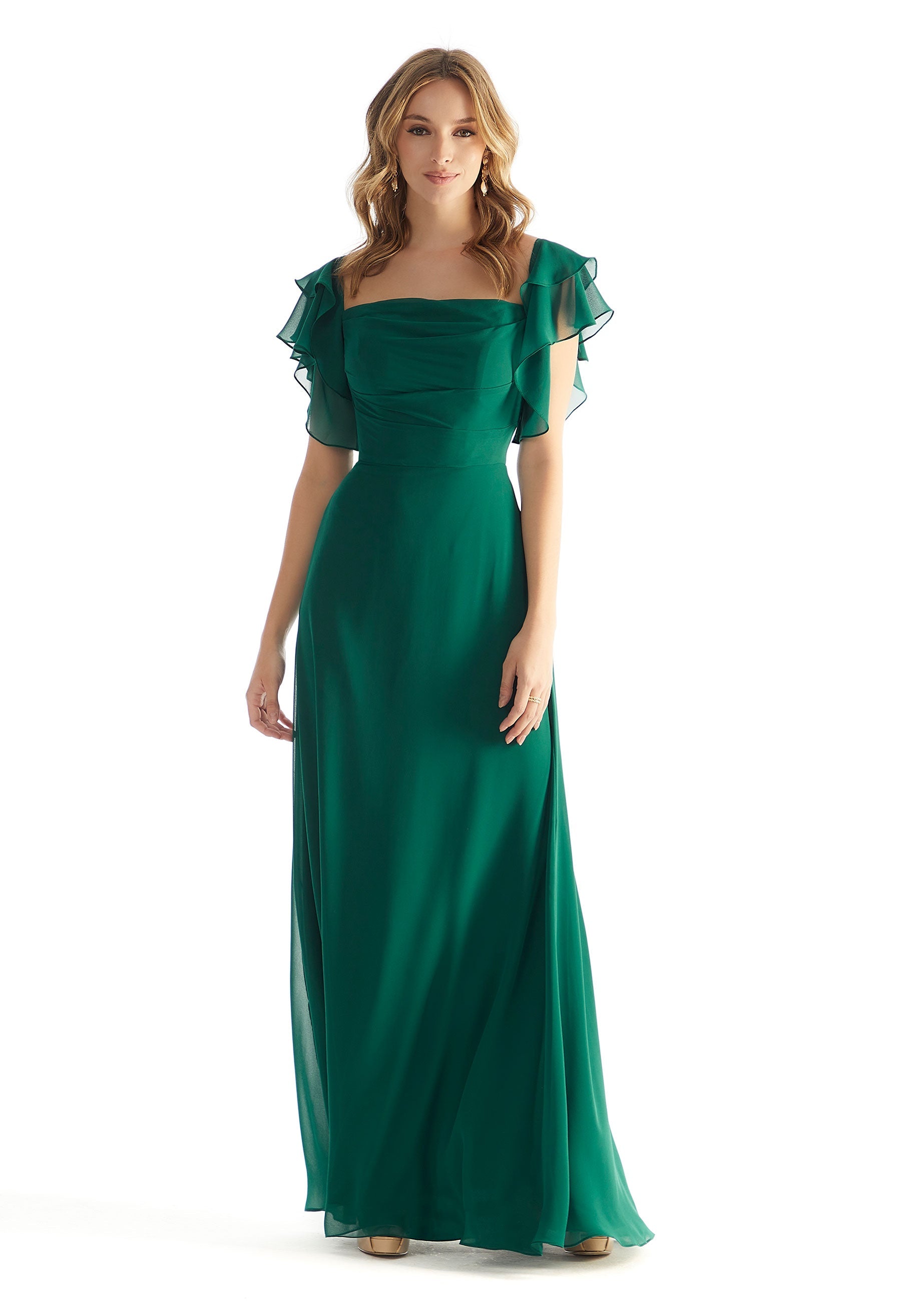 Chiffon Bridesmaid Dress with Straight Neckline and Ruffle Sleeves Morilee