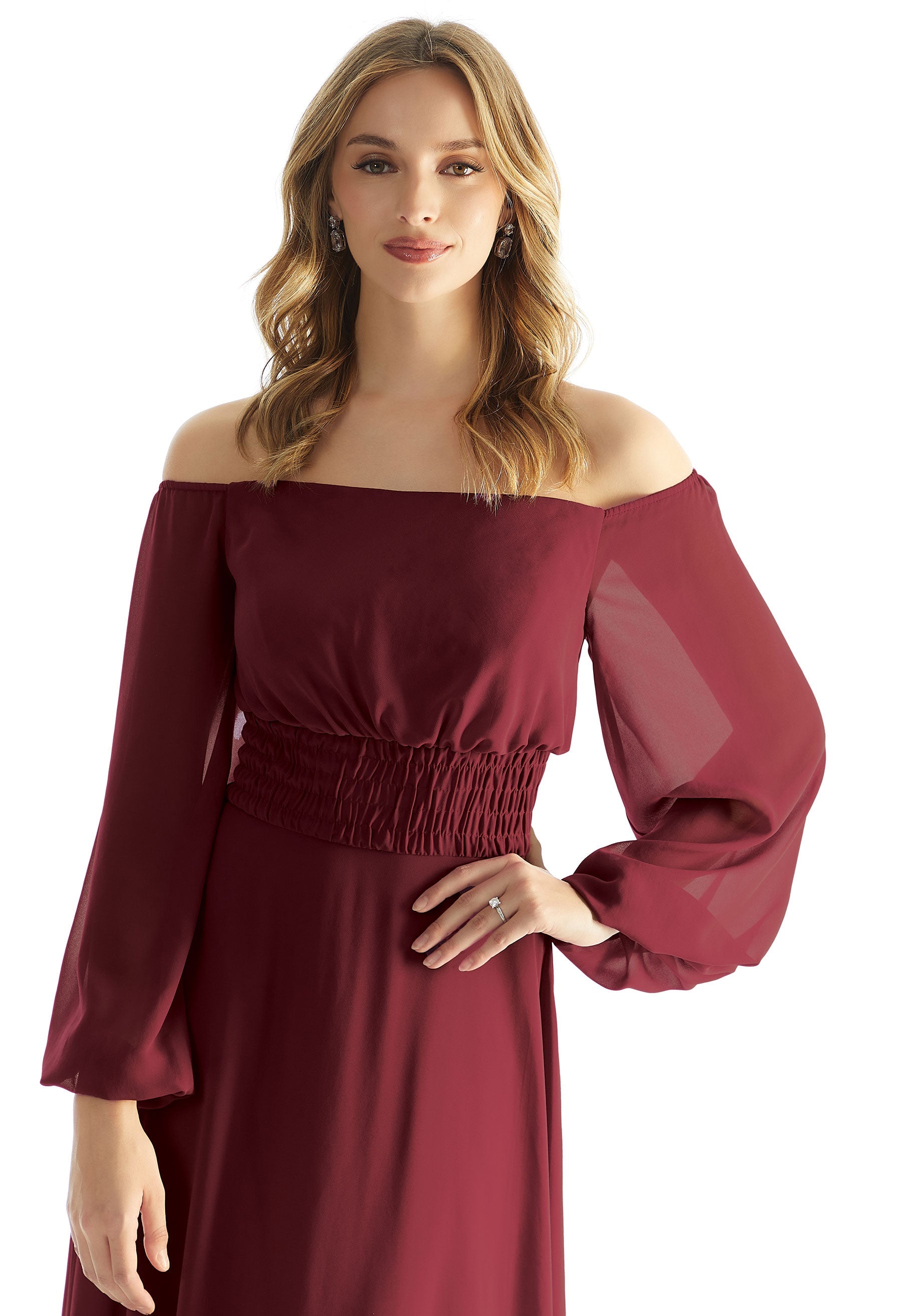 Off The Shoulder Chiffon Bridesmaid Dress with Ruched Waist Morilee