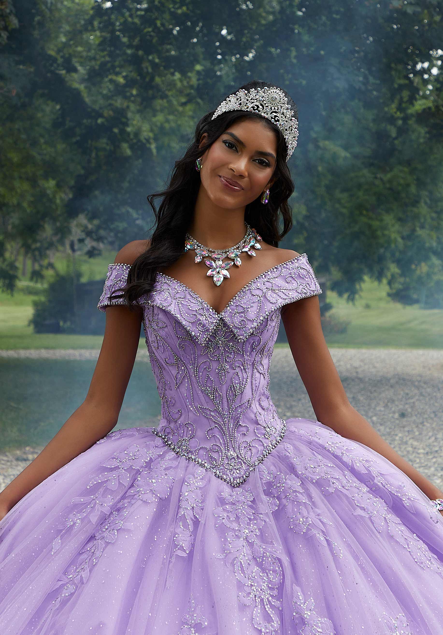 Rhinestone Quinceañera Dresds with Floral Organza Embroidery Morilee