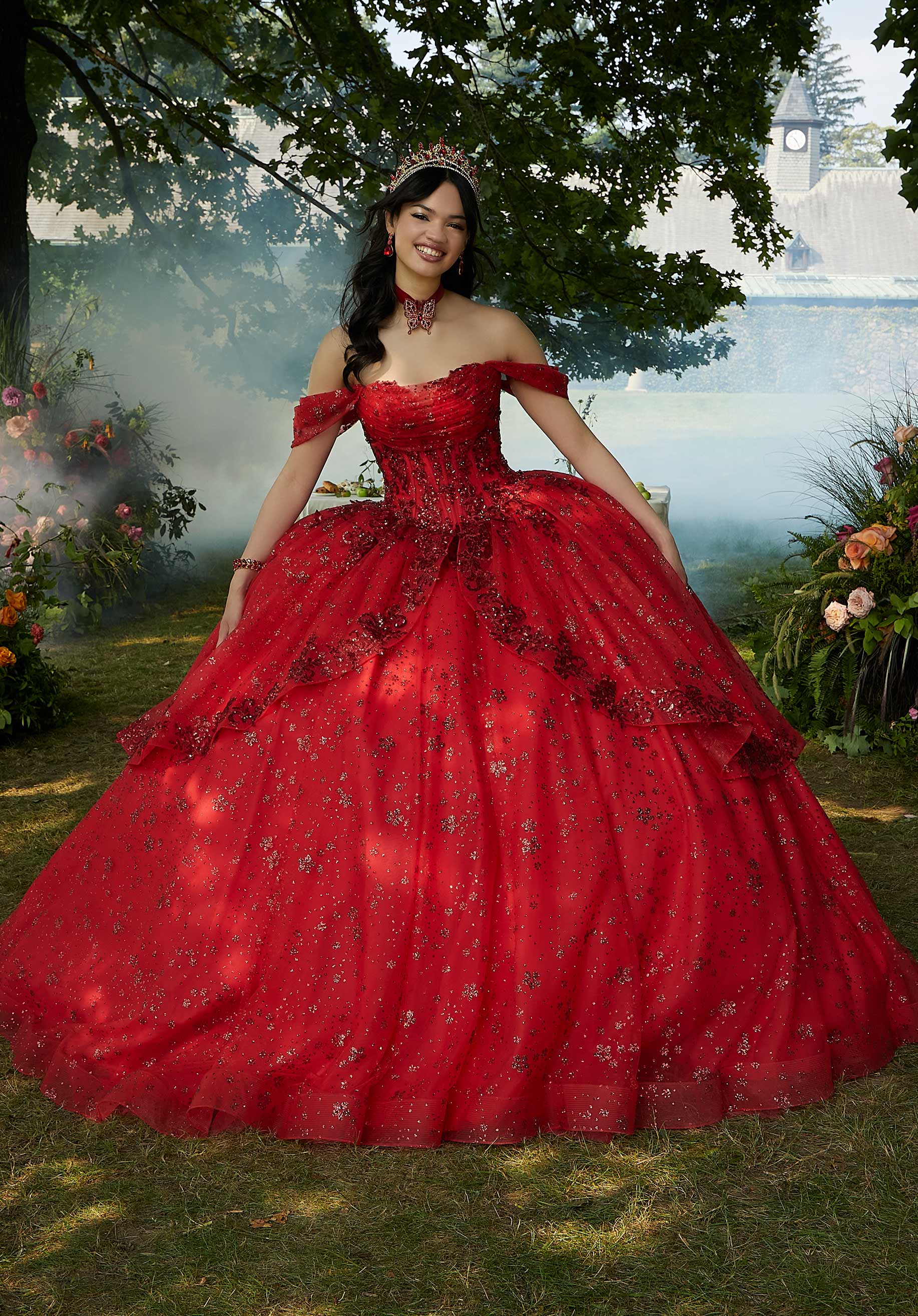 Contrasting Floral Beading Quinceañera Dress with Rhinestone Trim Morilee