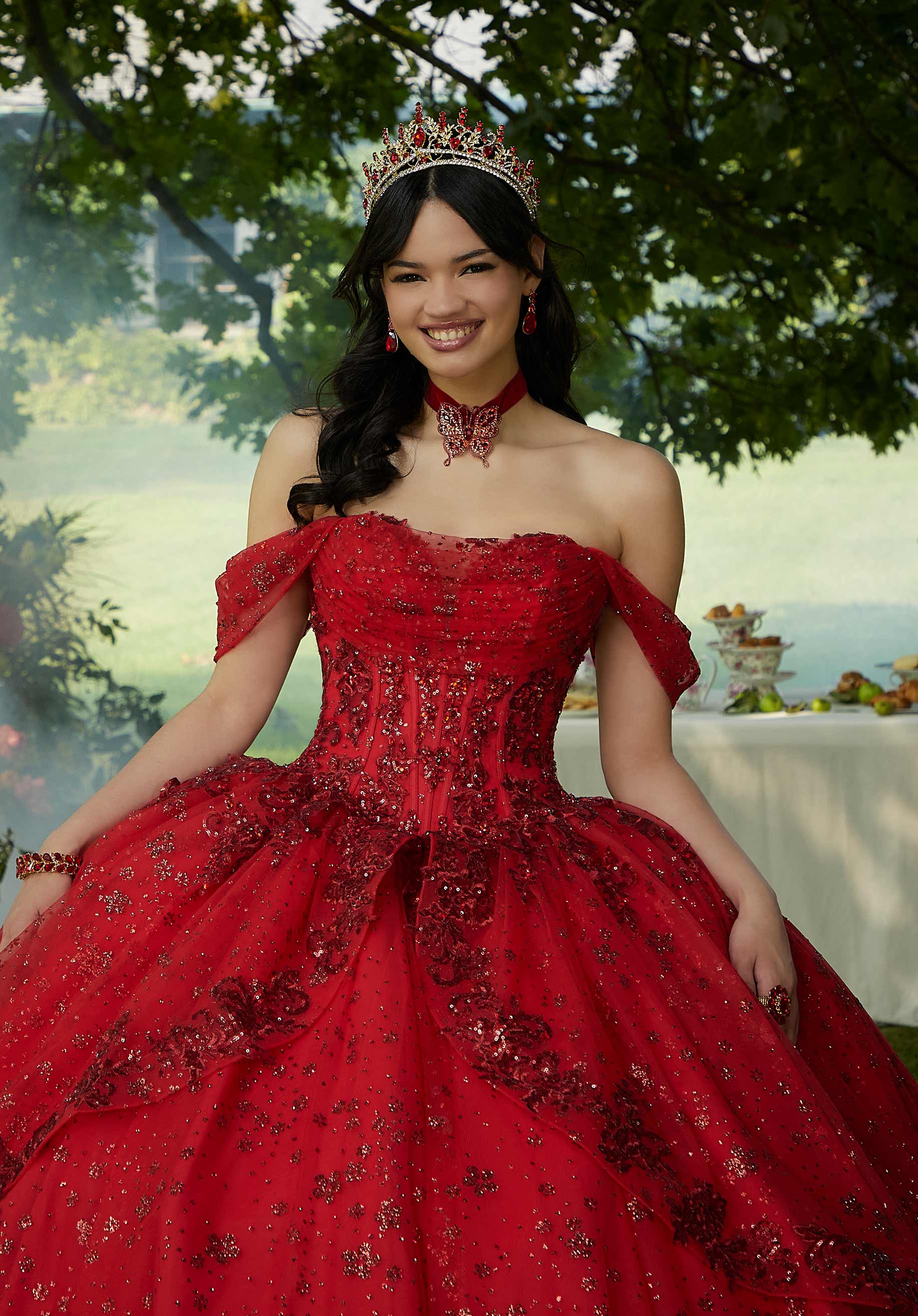 Contrasting Floral Beading Quinceañera Dress with Rhinestone Trim Morilee