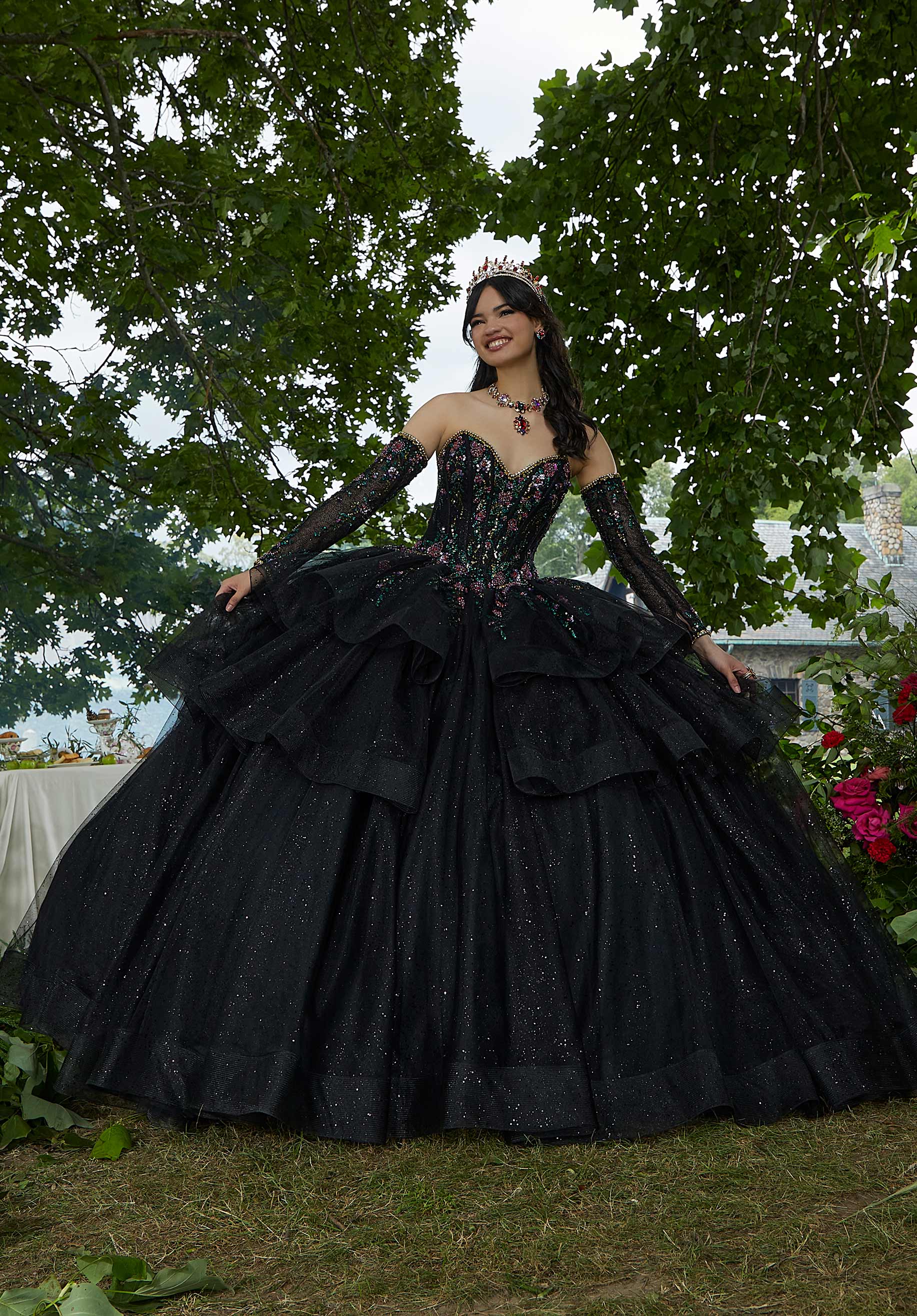 Floral Patterned Glitter Tulle with Split Skirt Overlay Morilee