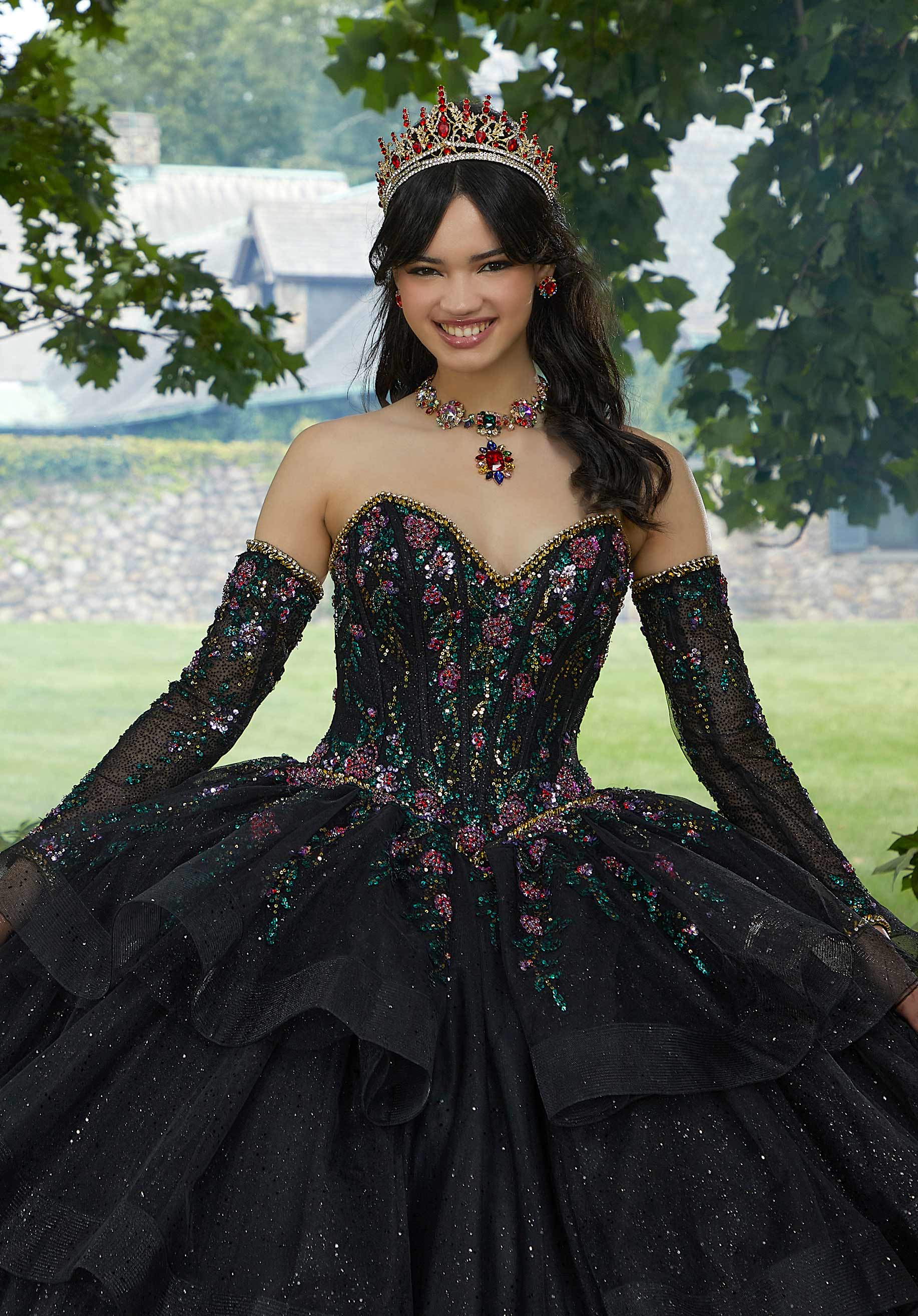 Floral Patterned Glitter Tulle with Split Skirt Overlay Morilee