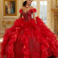 Sequined Patterned Glitter Net Quinceañera Dress with Organza Flounces Morilee