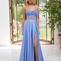 Satin Prom Dress with Sheer Corset Rosette Bodice Morilee