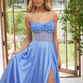 Satin Prom Dress with Sheer Corset Rosette Bodice Morilee