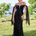 Beaded Net Prom Dress with Off The Shoulder Tie Straps Morilee