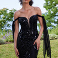 Beaded Net Prom Dress with Off The Shoulder Tie Straps Morilee