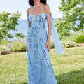 Beaded Net Prom Dress with Off The Shoulder Tie Straps Morilee