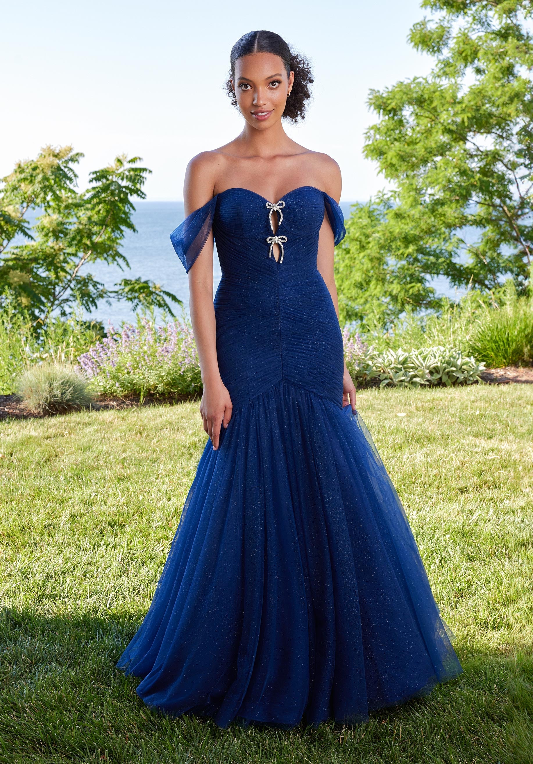 Draped Tulle Mermaid Prom Dress with Crystal Bows Morilee