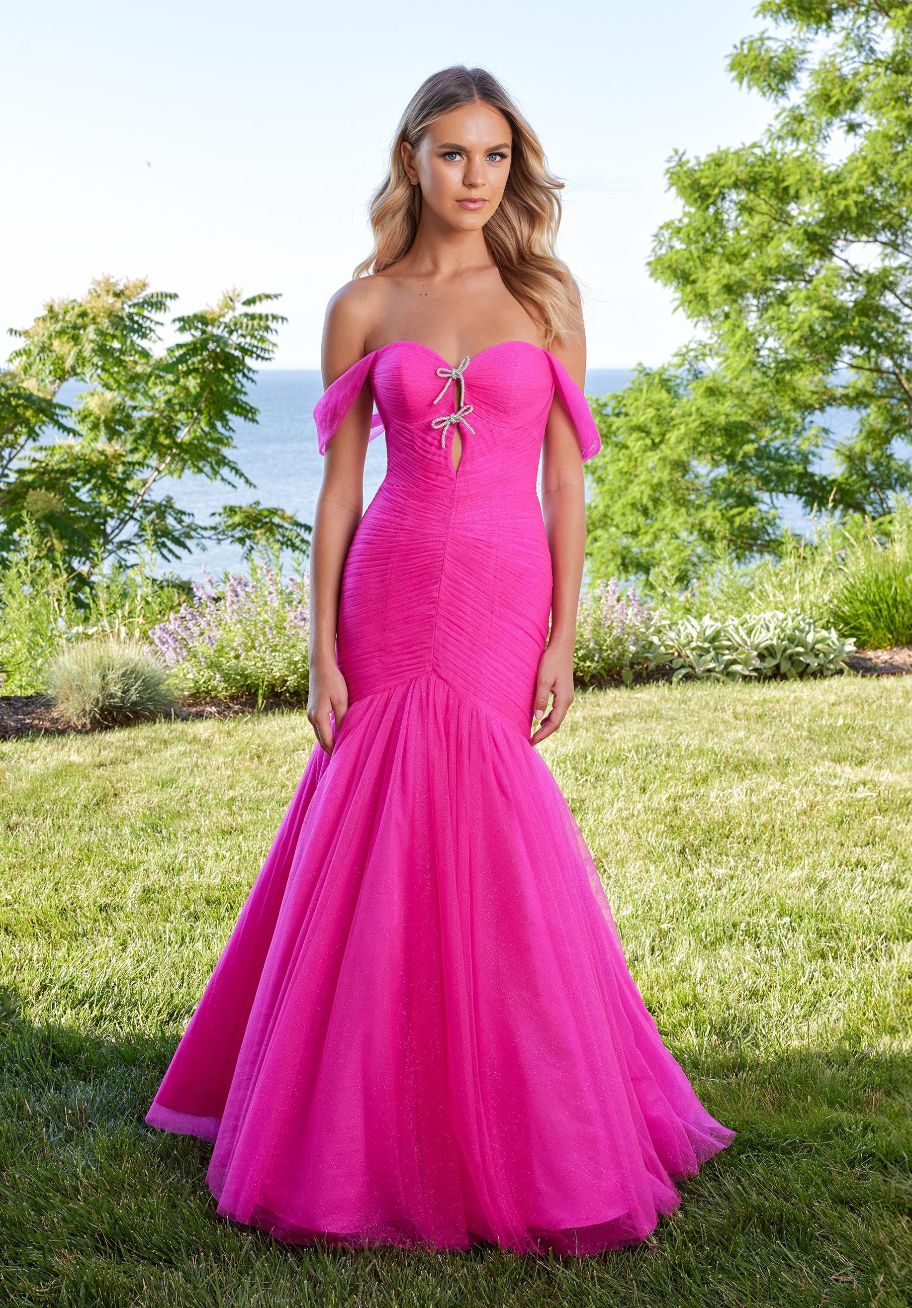 Draped Tulle Mermaid Prom Dress with Crystal Bows Morilee
