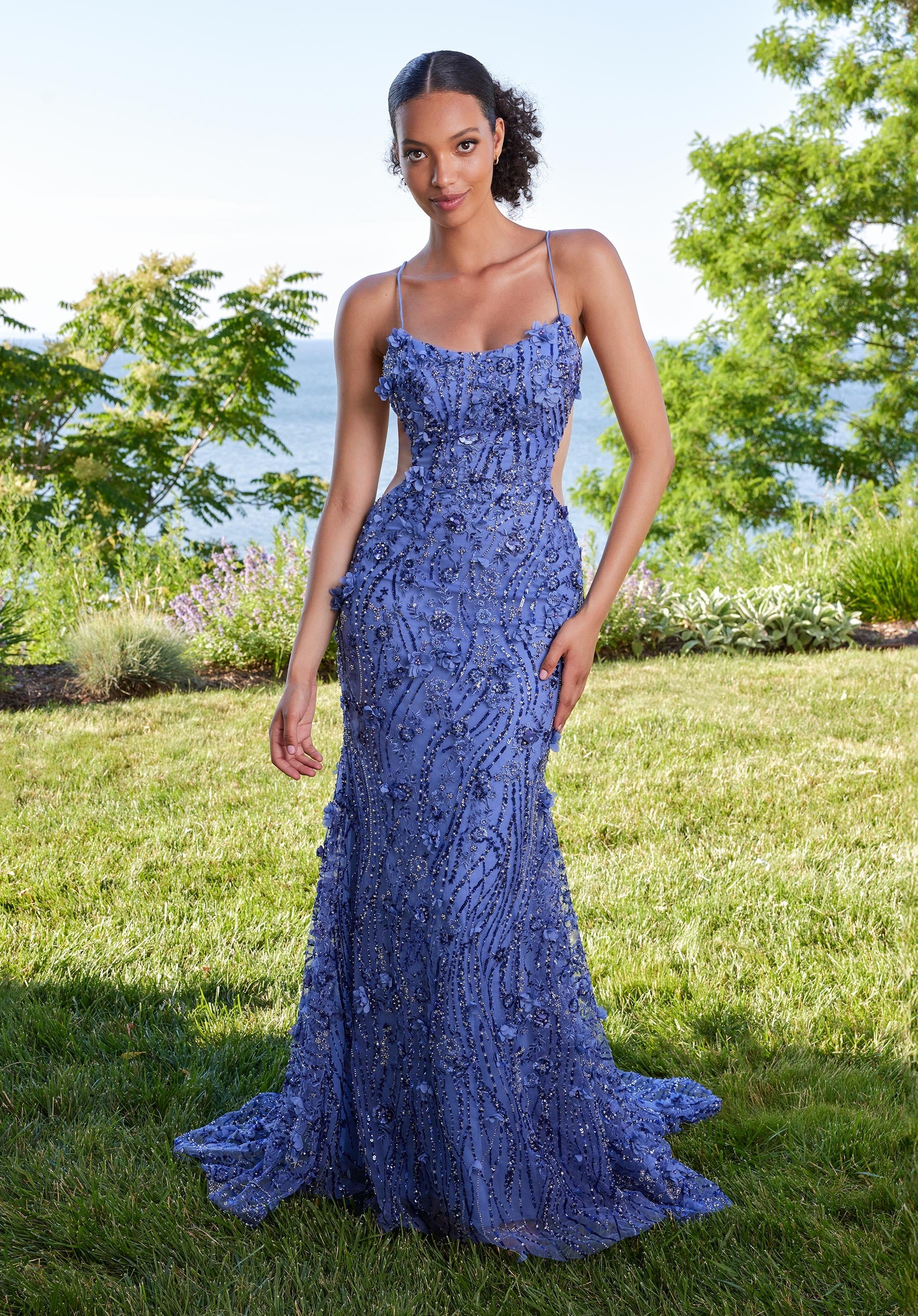 Three Dimensional Floral Beaded Net Prom Dress Morilee