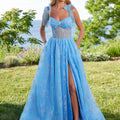 Glitter Patterned Tulle Prom Dress with Sheer Corset Bodice Morilee