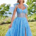 Glitter Patterned Tulle Prom Dress with Sheer Corset Bodice Morilee