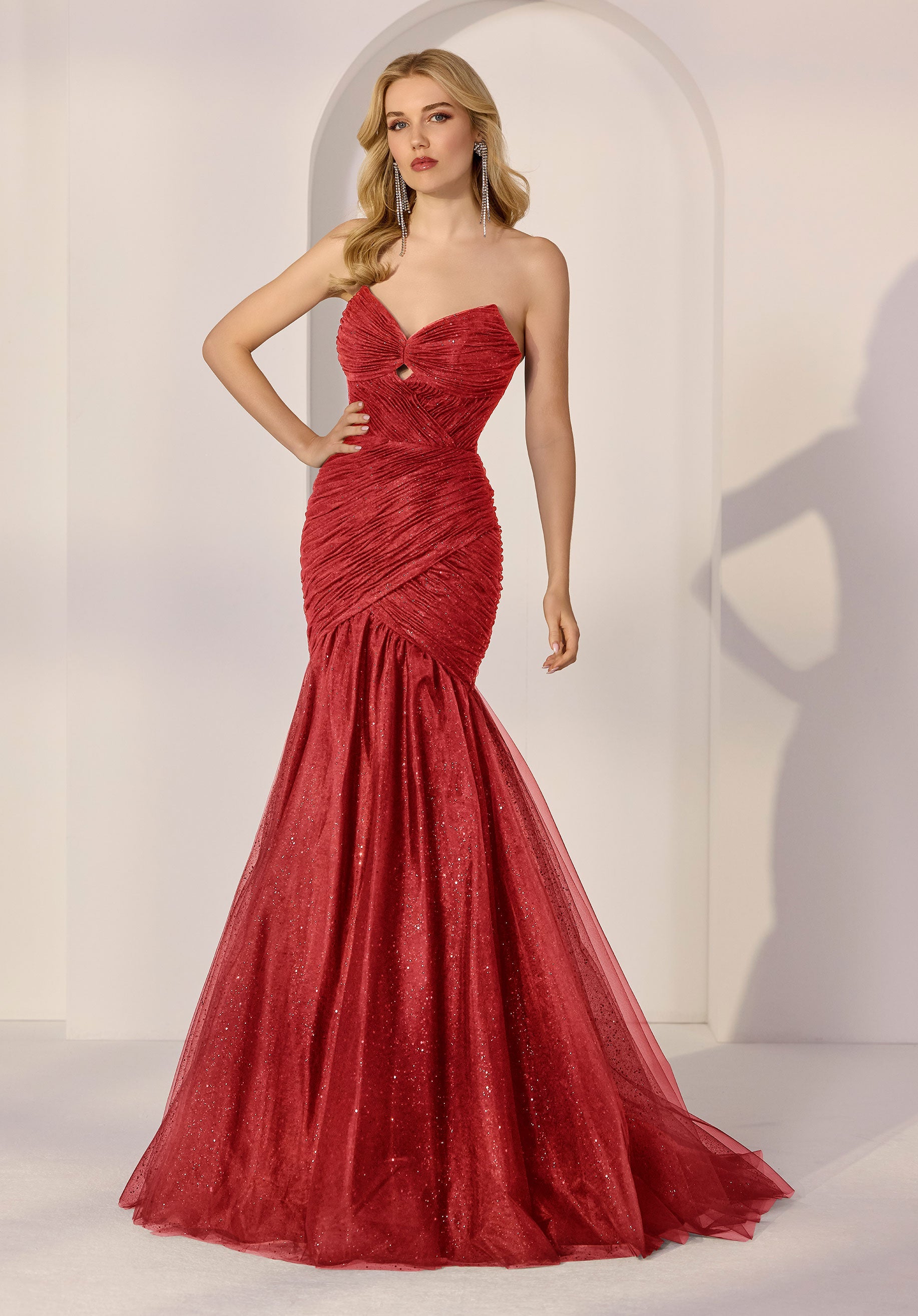 Cat Eye Asymmetrically Draped Glitter Tulle Party Dress