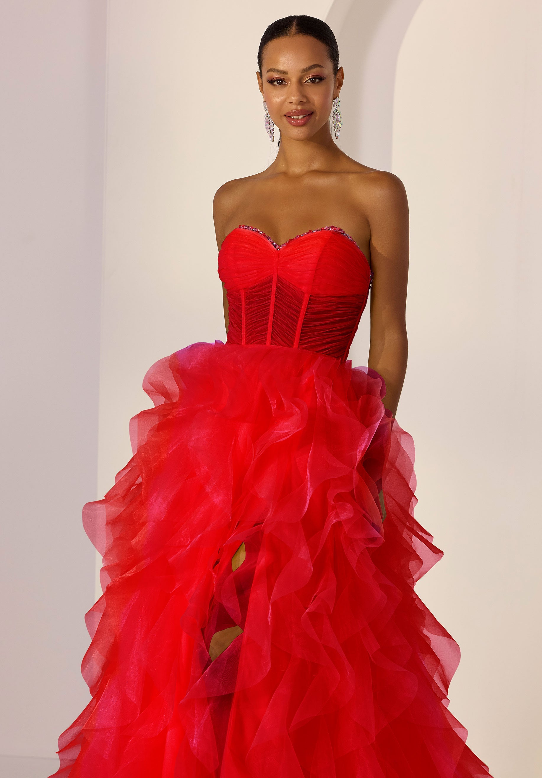 Sheer Corset Party Dress with Ruffled Organza Skirt