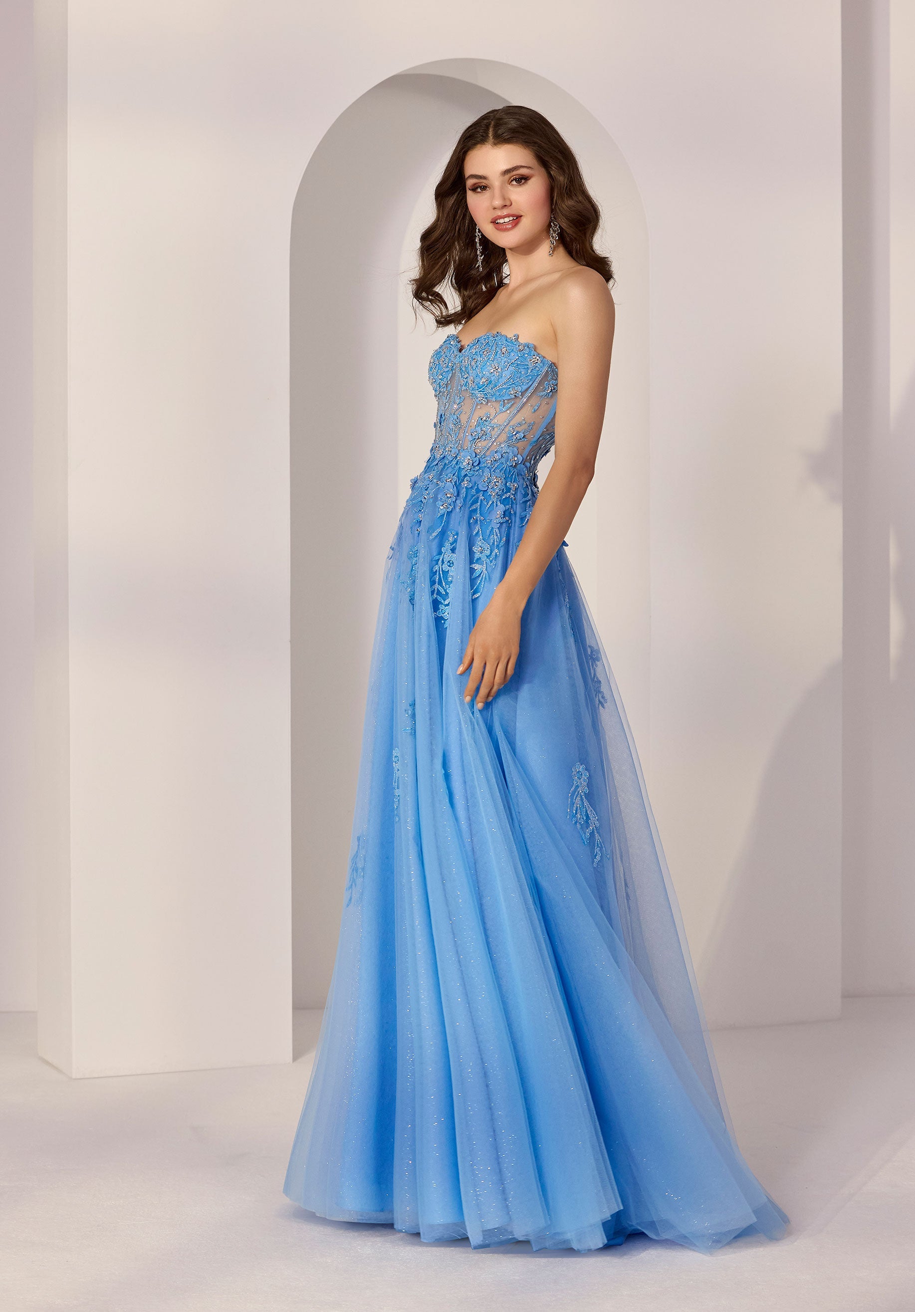 Crystal Beaded Floral Glitter Tulle Party Dress