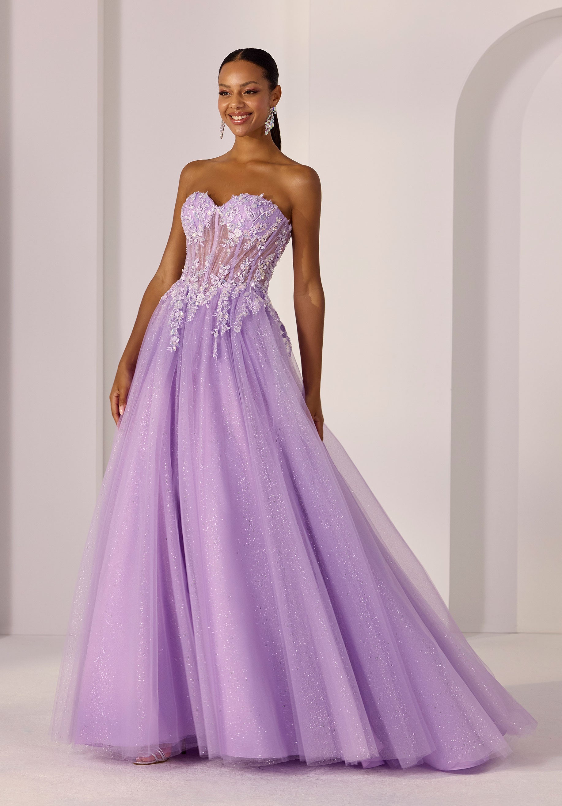 Beaded Sequin Sheer Midriff Basque Waist Party Dress