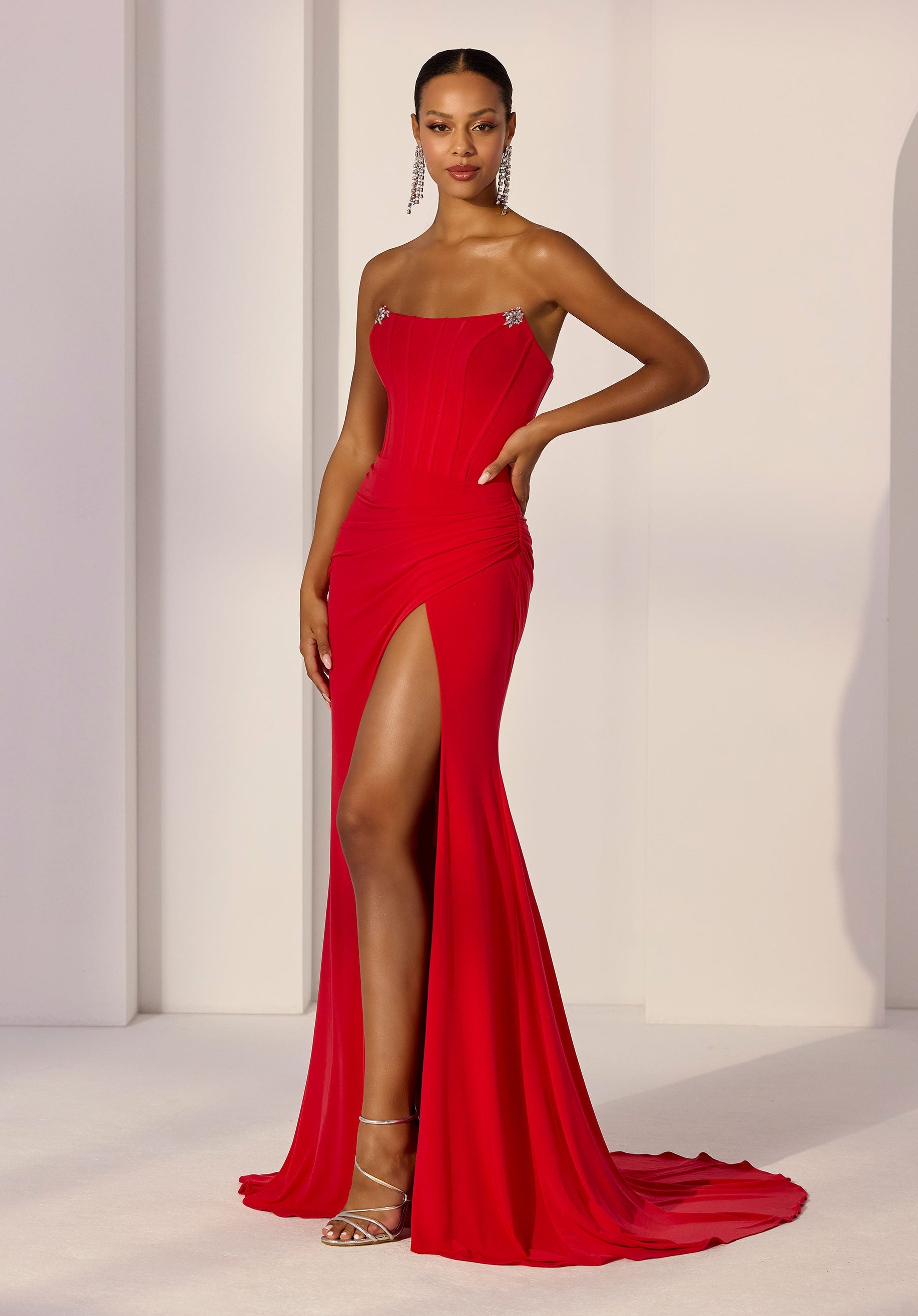 Strapless Scoop Matte Jersey Party Dress with Slit