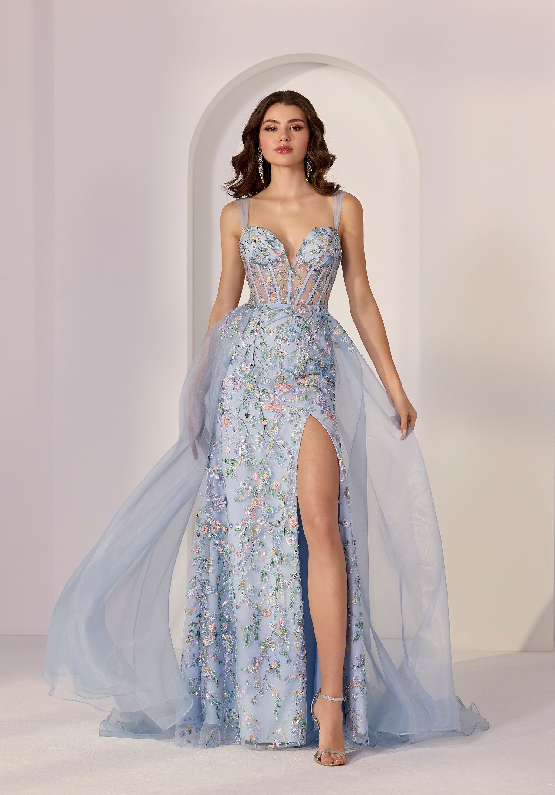 Floral Sequin Embroidered Sheath Party Dress with Detachable Tulle Overskirt