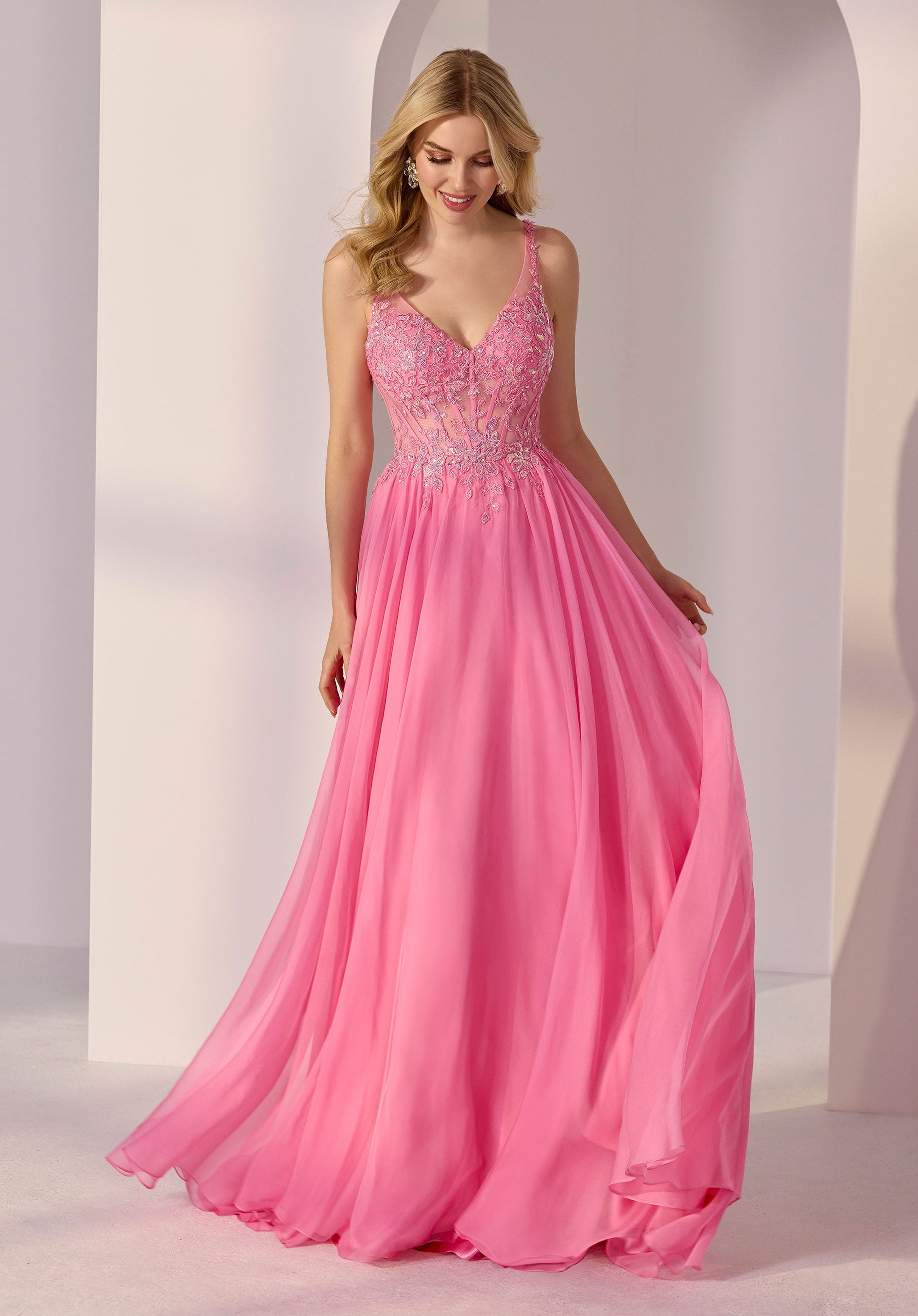 Draped Bodice and Floral Appliqué Chiffon A-Line Party Dress