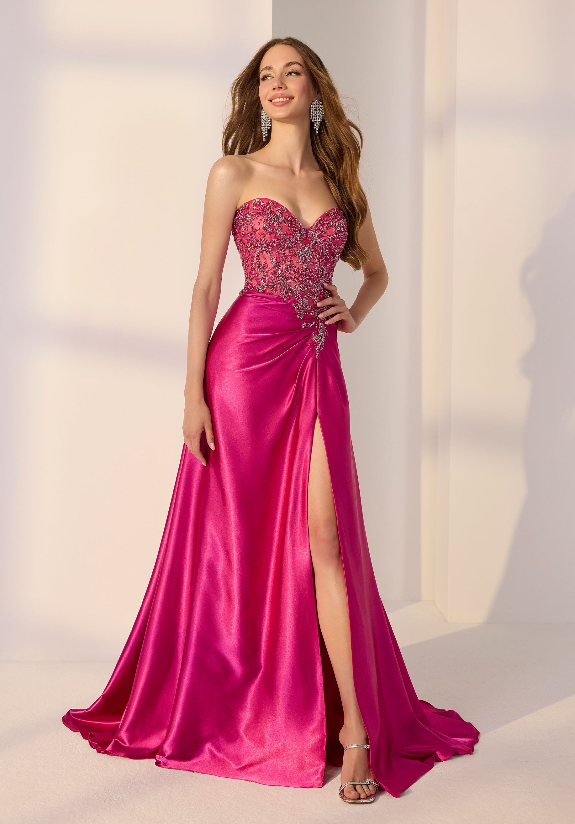 Sheer Beaded Bodice on Draped Charmeuse A-Line Party Dress