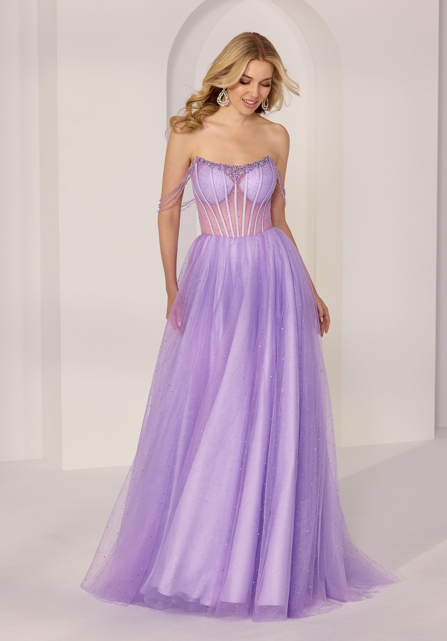 Beaded Corset Sheer Midriff Glitter Tulle Party Dress