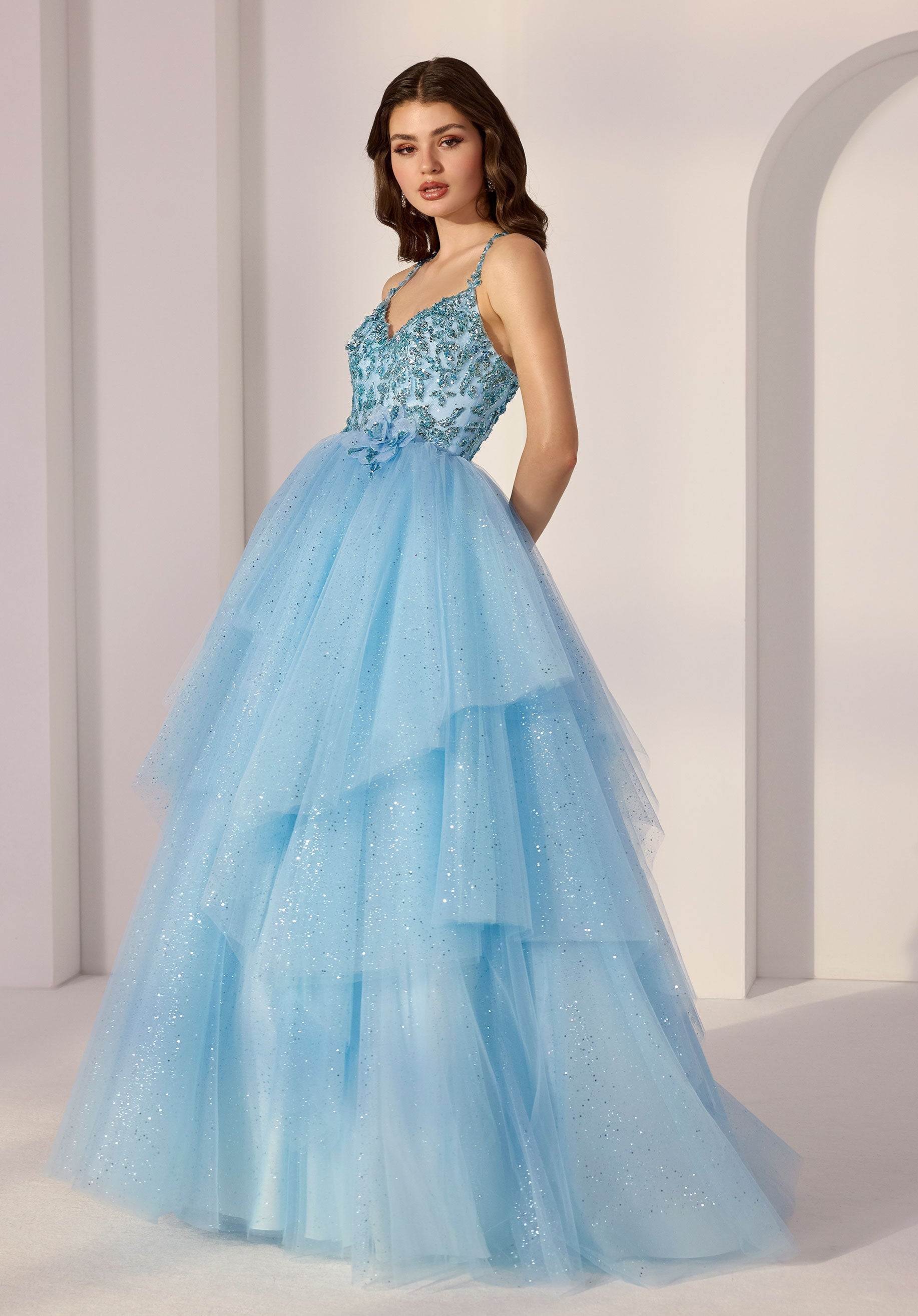 Beaded Lace and Handkerchief Glitter Tulle A-Line Party Dress