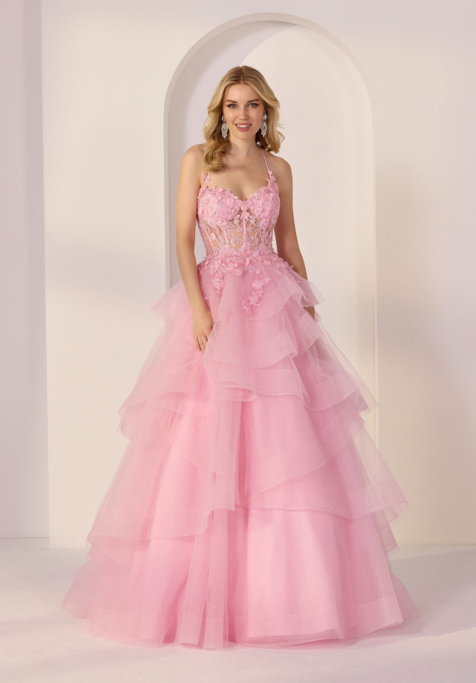 Sheer Beaded Lace Cat Eye Bodice on Tiered Glitter Tulle Party Dress