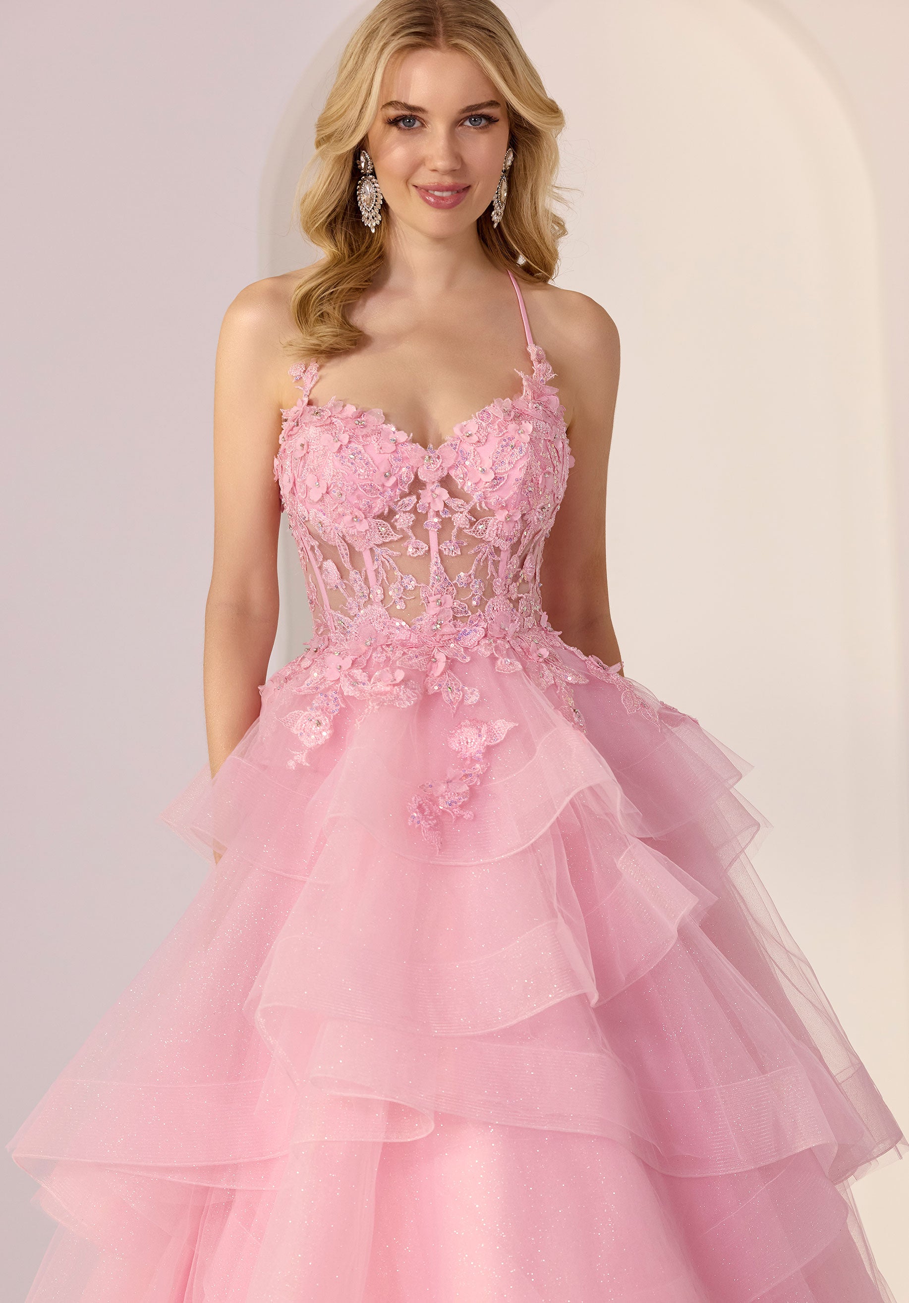Sheer Beaded Lace Cat Eye Bodice on Tiered Glitter Tulle Party Dress