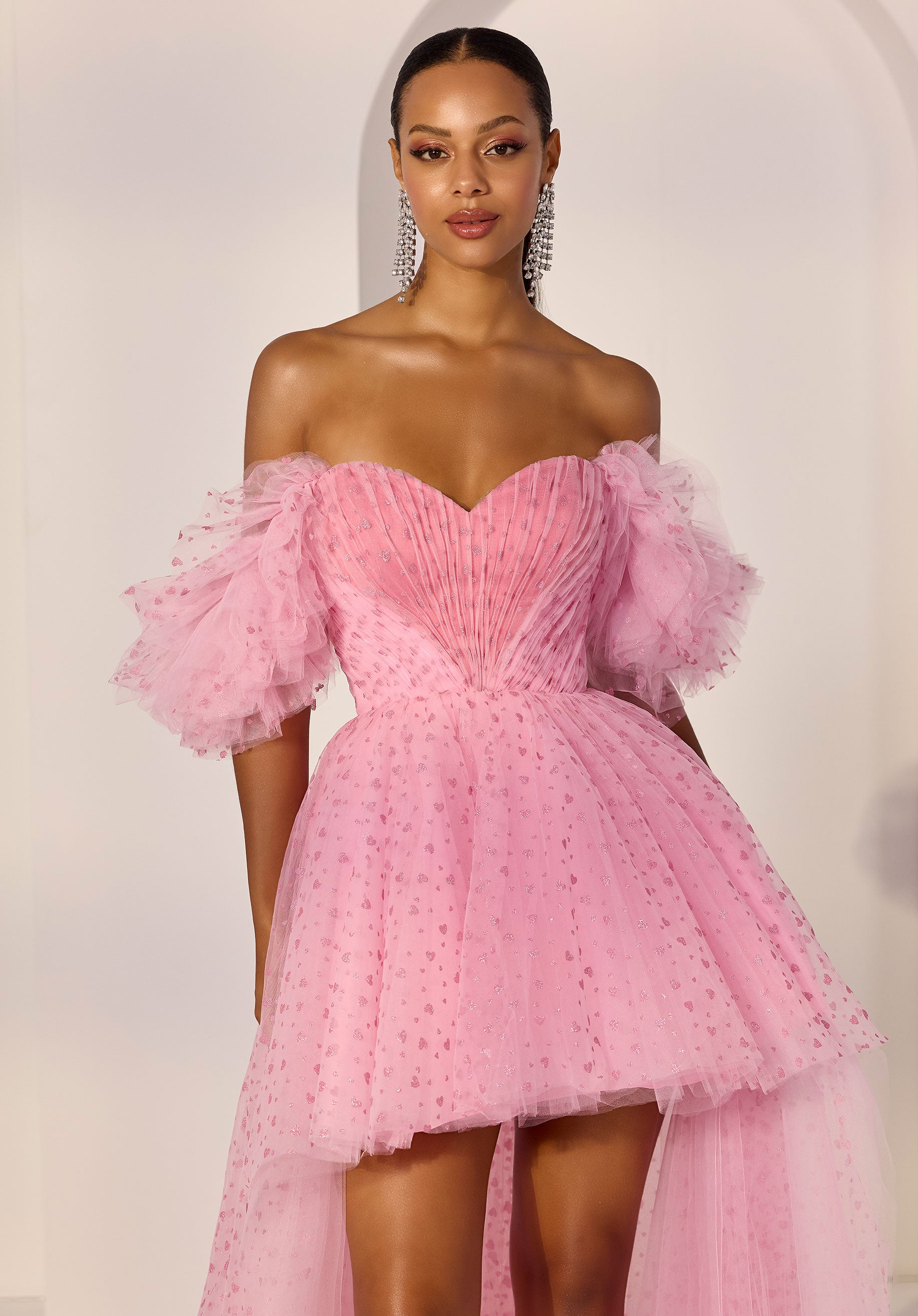 Flocked Printed Hearts Hi Low Party Dress