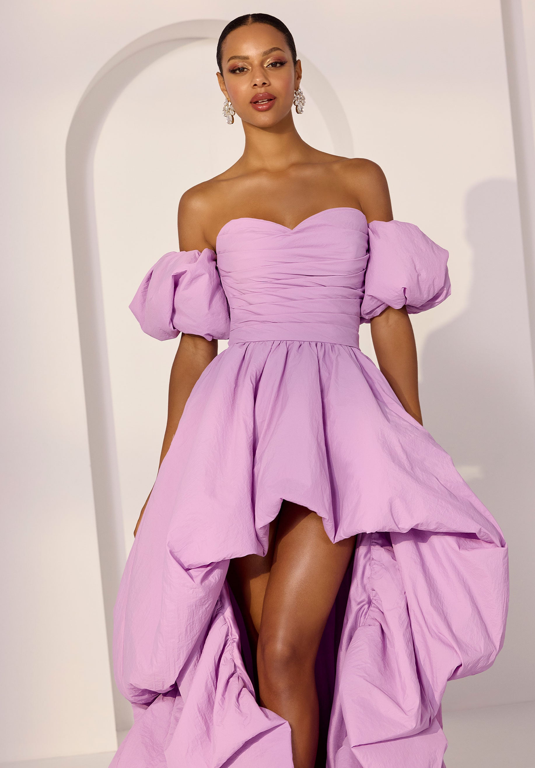 Hi Low Crepe Taffeta Party Dress with Detachable Puff Sleeves