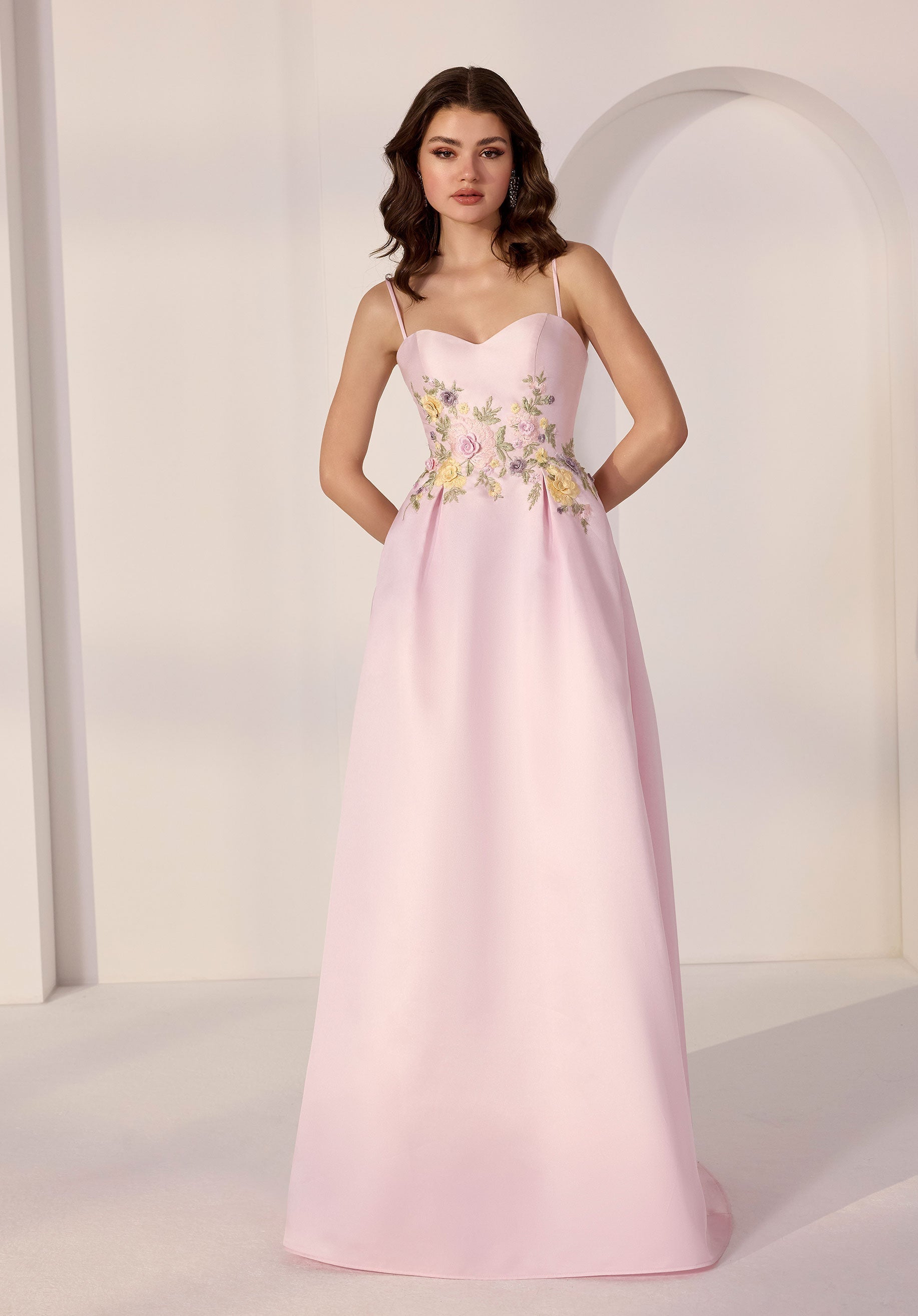 Mikado Floral Embroidered Waist Party Dress
