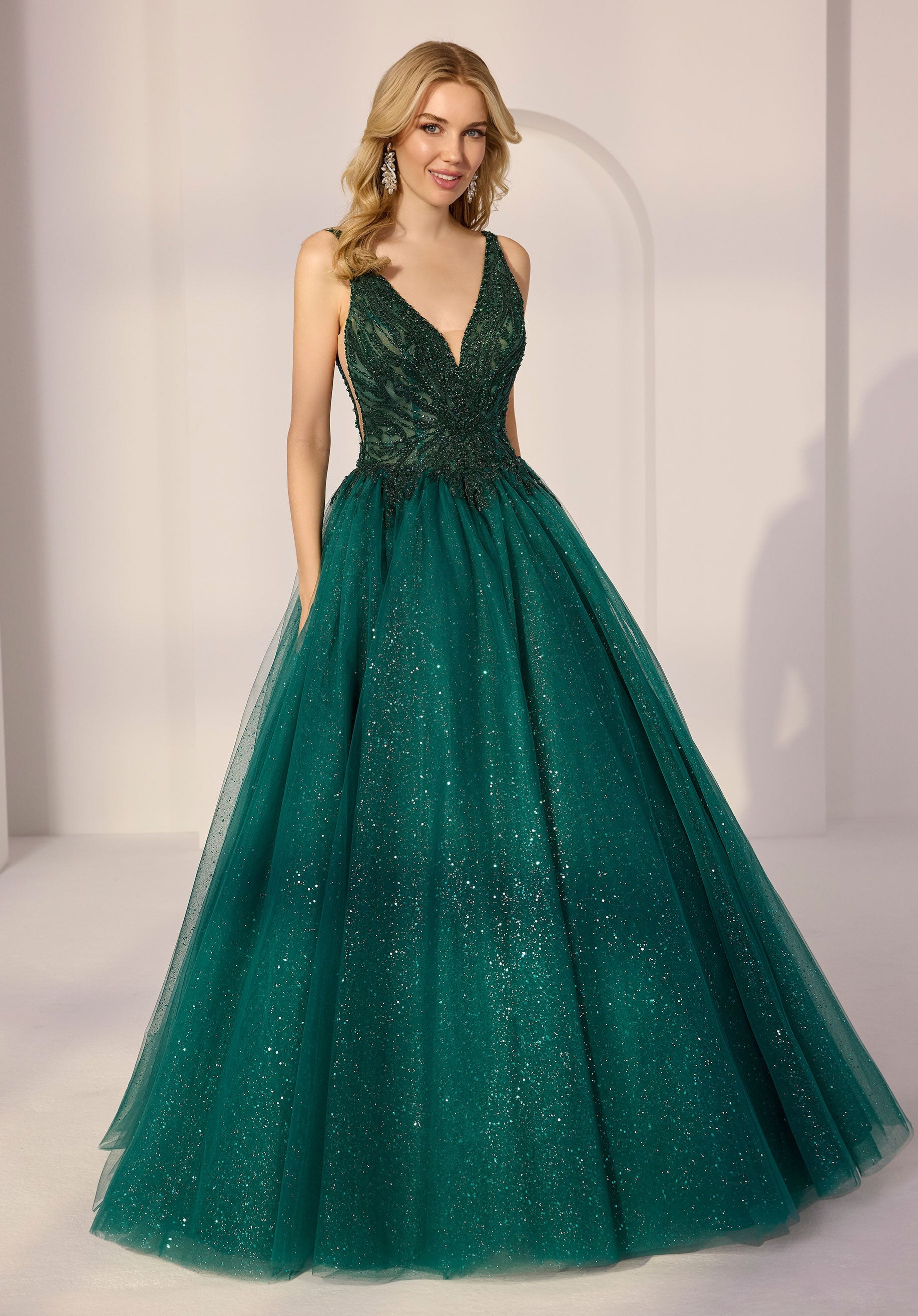 Beaded Plunging V-Neck Tulle A-Line Party Dress