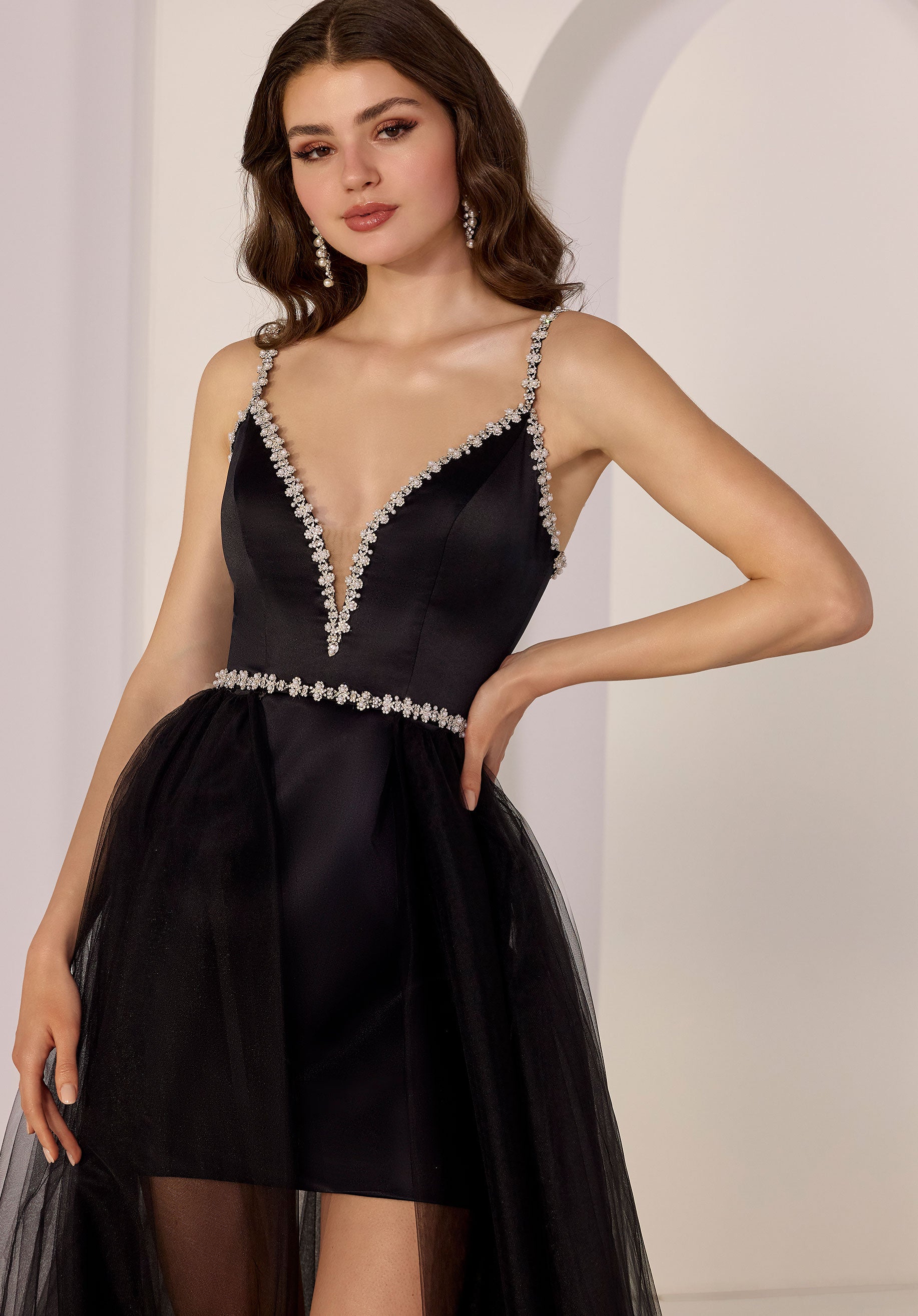 Crystal Cat Eye Satin Mini Dress with Detachable Tulle Overskirt