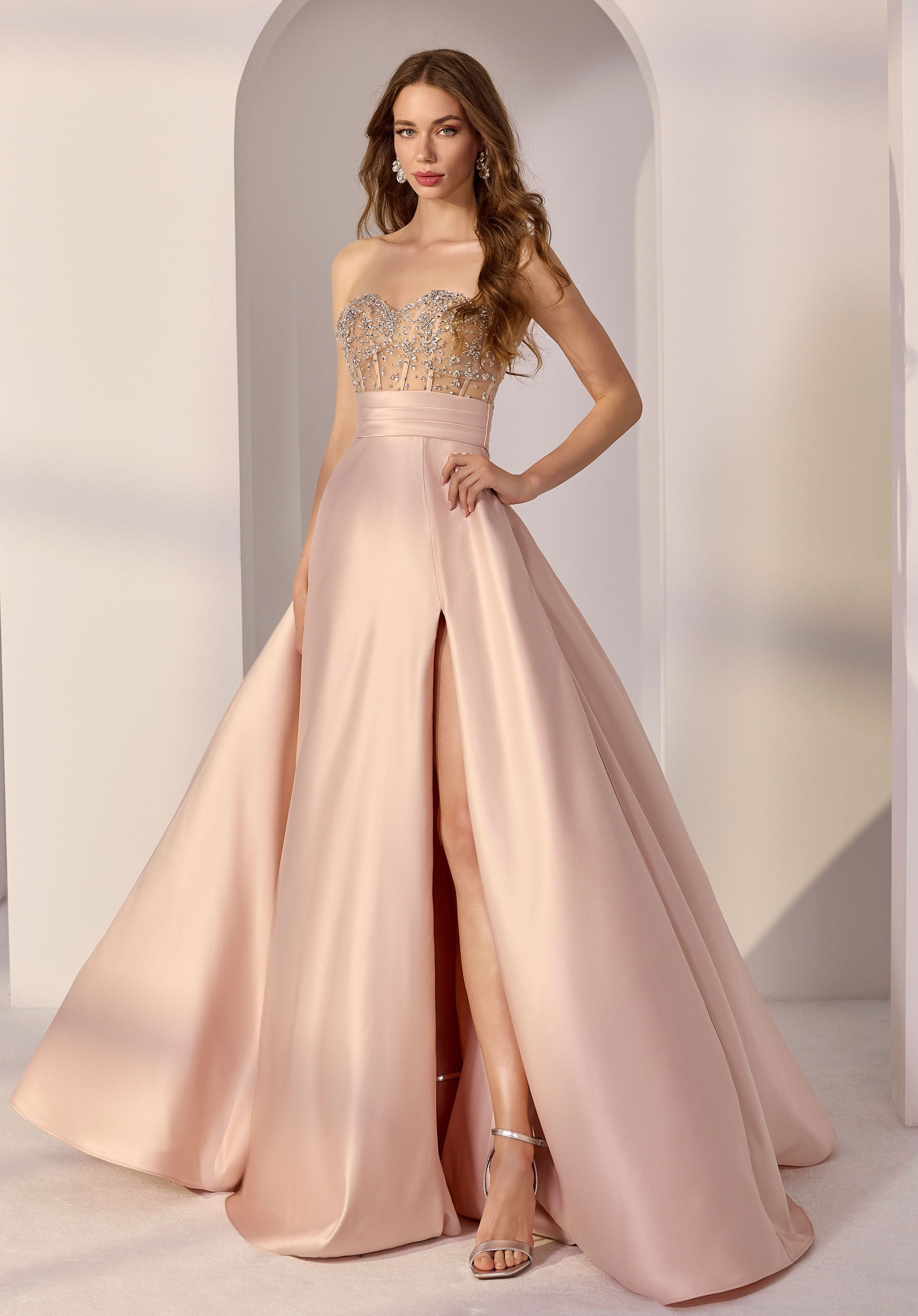 Crystal Embroidered Strapless Bodice on Satin Ball Gown Party Dress