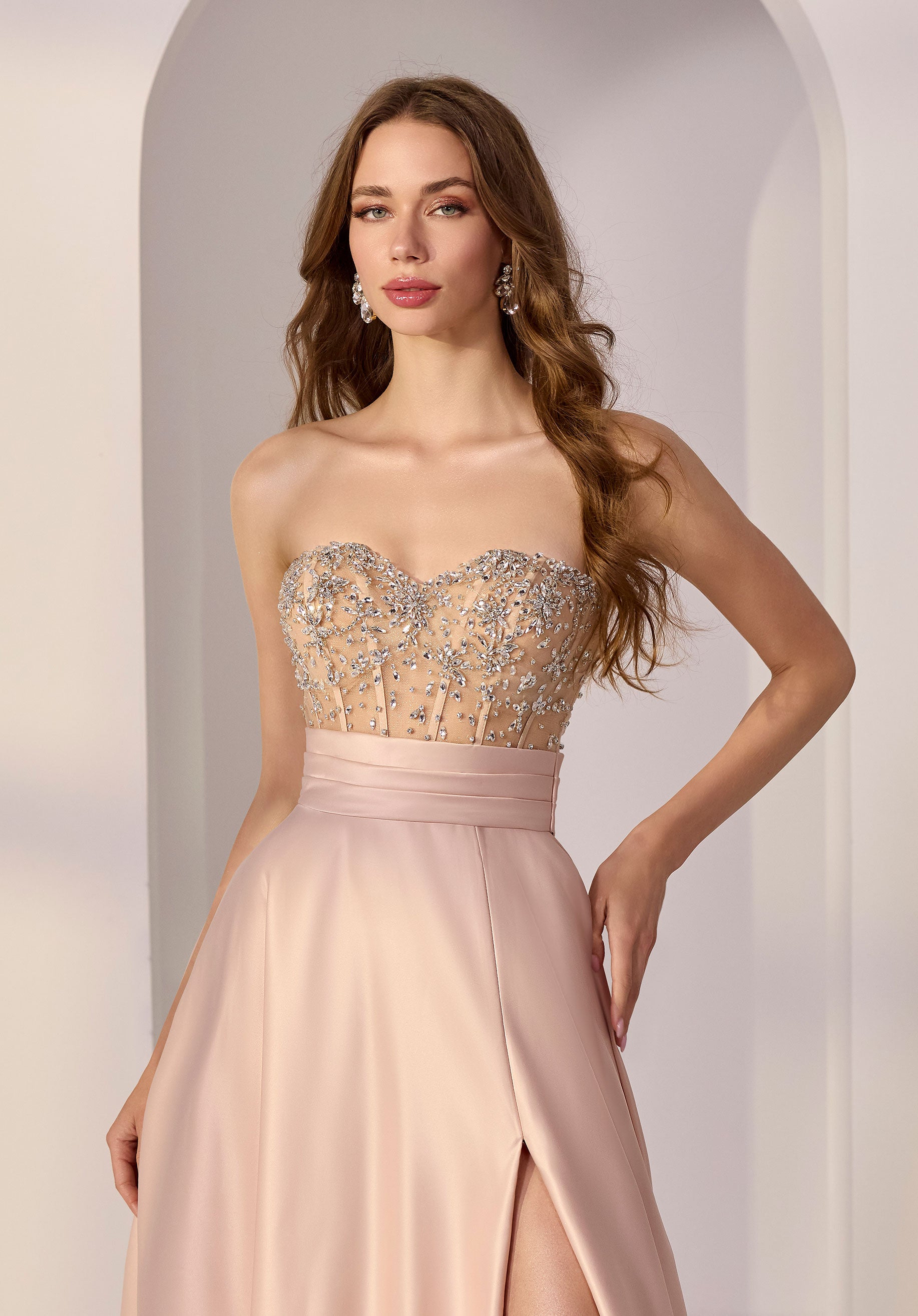 Crystal Embroidered Strapless Bodice on Satin Ball Gown Party Dress