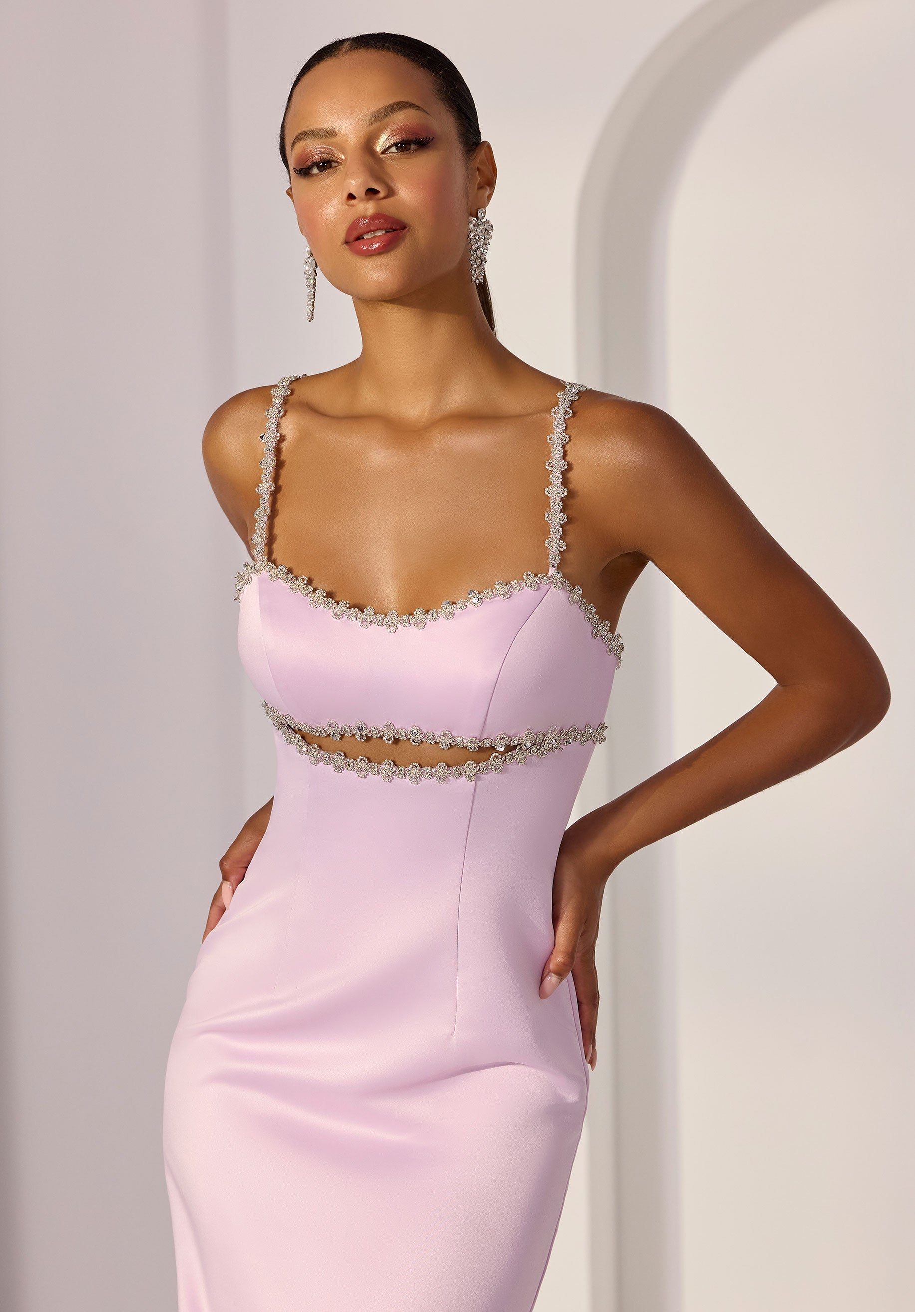 Sweetheart Cut Out Crystal Beaded Sheath Party Dress