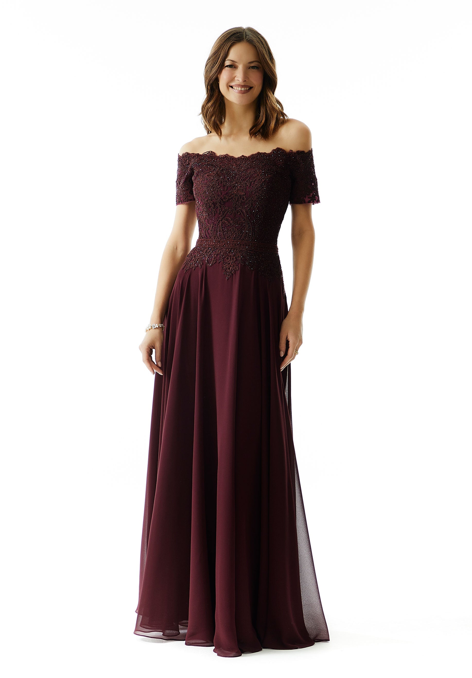 Beaded A-Line Evening Gown in Chiffon with Appliqués Morilee
