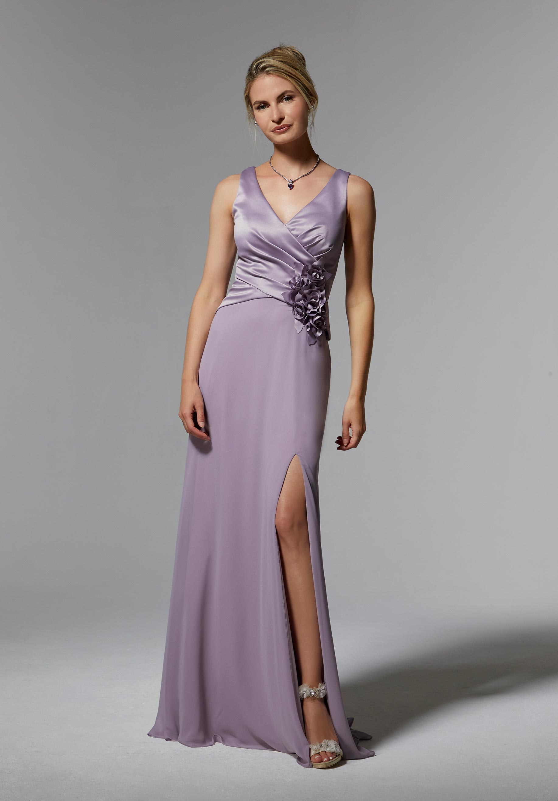 Satin and Chiffon Evening Gown with Three-Dimensional Flowers Morilee
