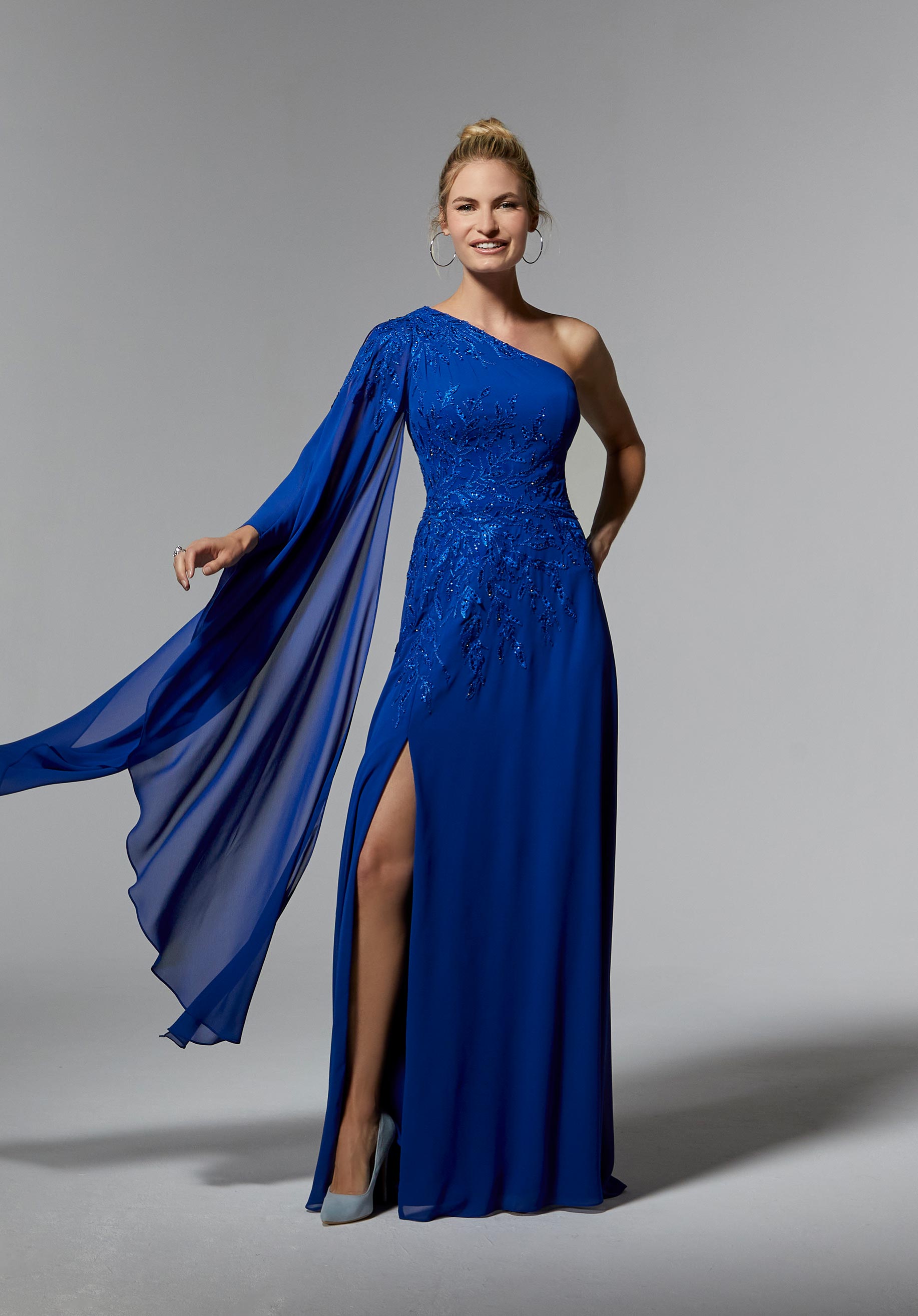 One Shoulder Chiffon Evening Gown with Beaded Embroidery Morilee