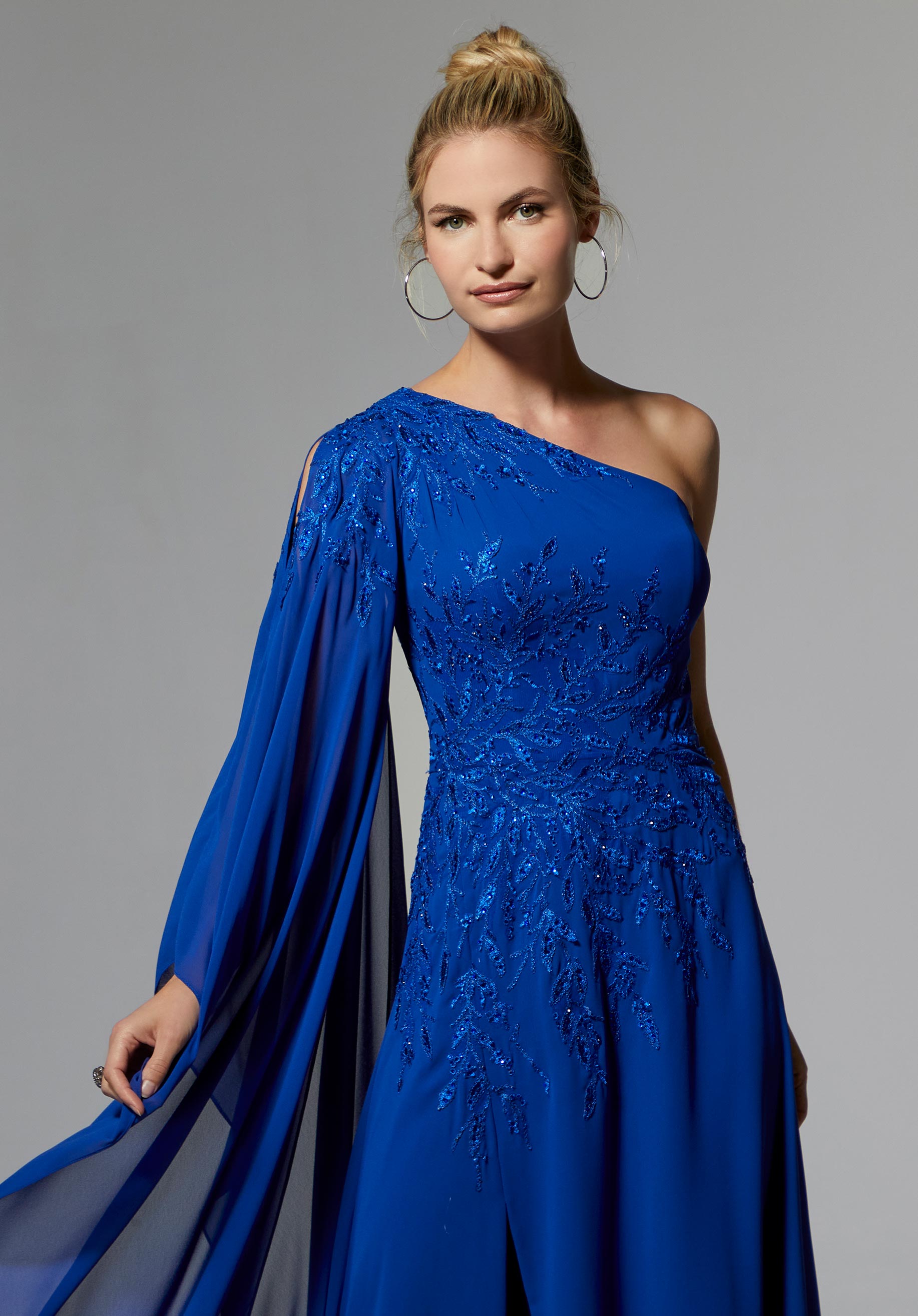 One Shoulder Chiffon Evening Gown with Beaded Embroidery Morilee