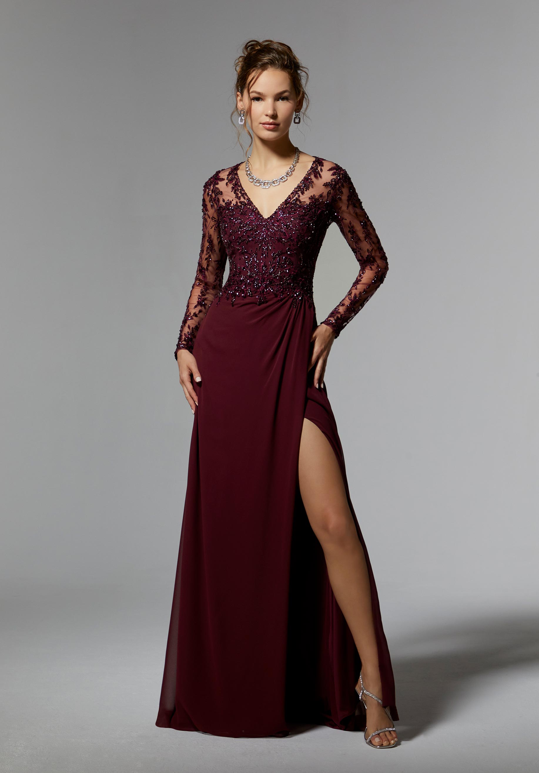 Beaded Embroidered Long Sleeve Evening Gown with Chiffon Skirt Morilee