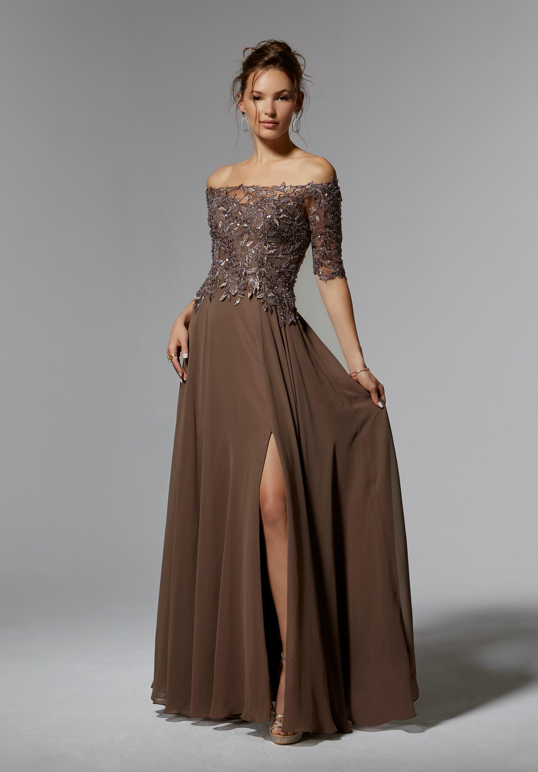 Off The Shoulder Beaded Embroidered Chiffon Evening Gown Morilee