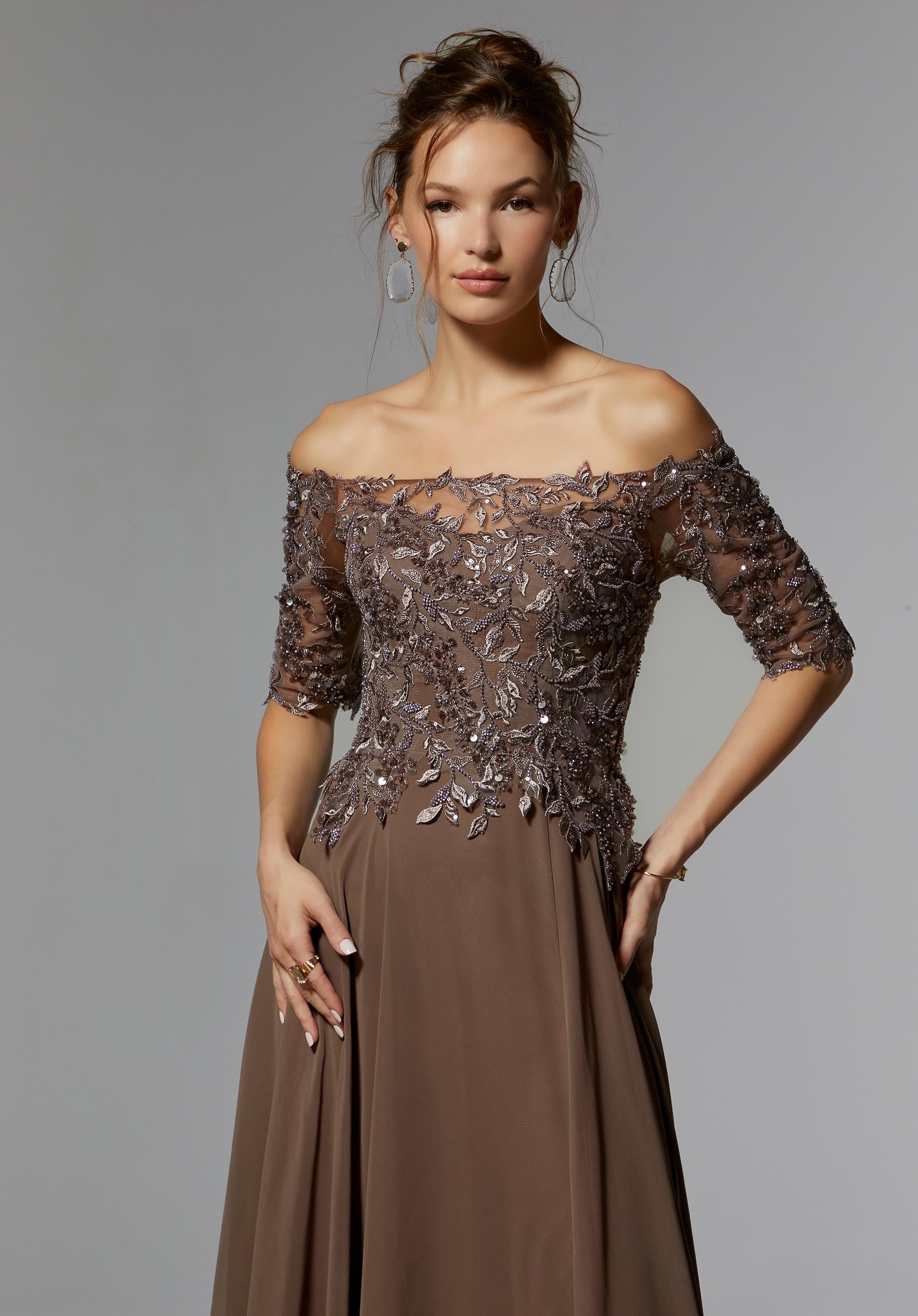 Off The Shoulder Beaded Embroidered Chiffon Evening Gown Morilee