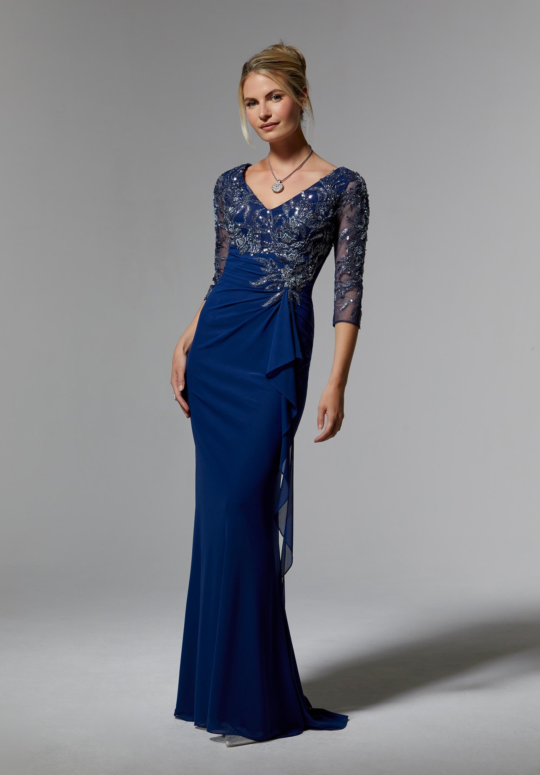 Stretch Mesh Empire Waist Evening Gown with Beaded Metallic Embroidery Morilee