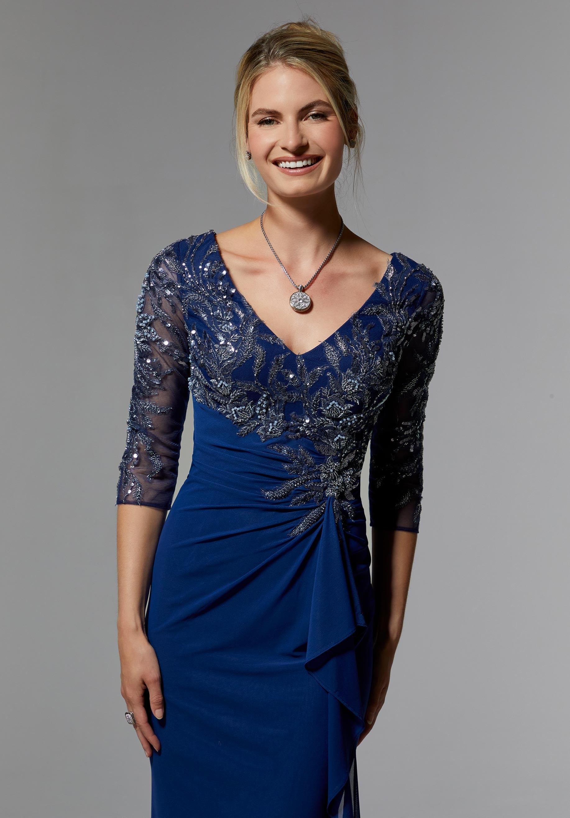 Stretch Mesh Empire Waist Evening Gown with Beaded Metallic Embroidery Morilee